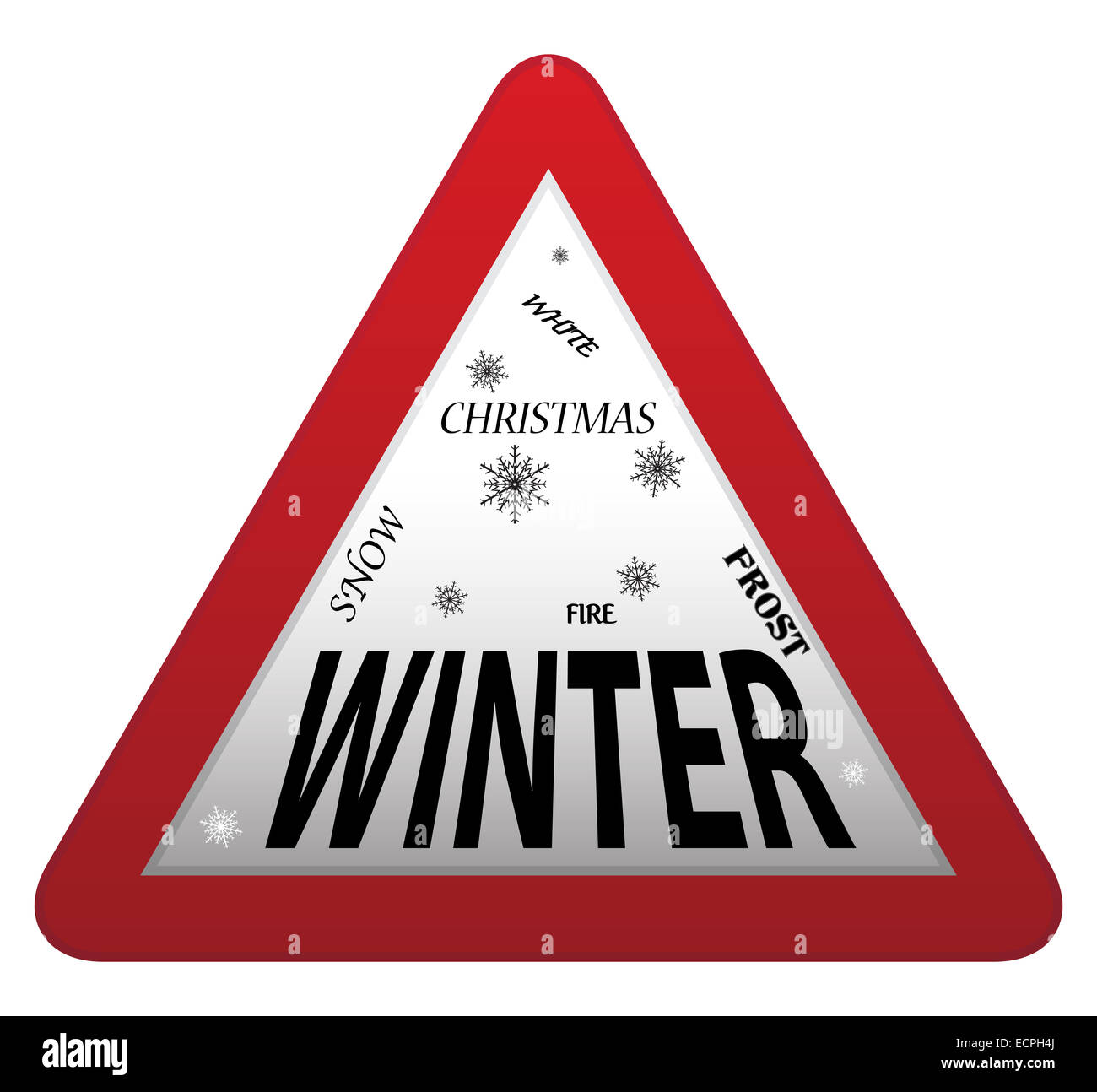 Un hiver triangulaire roadsign isolé sur fond blanc Banque D'Images