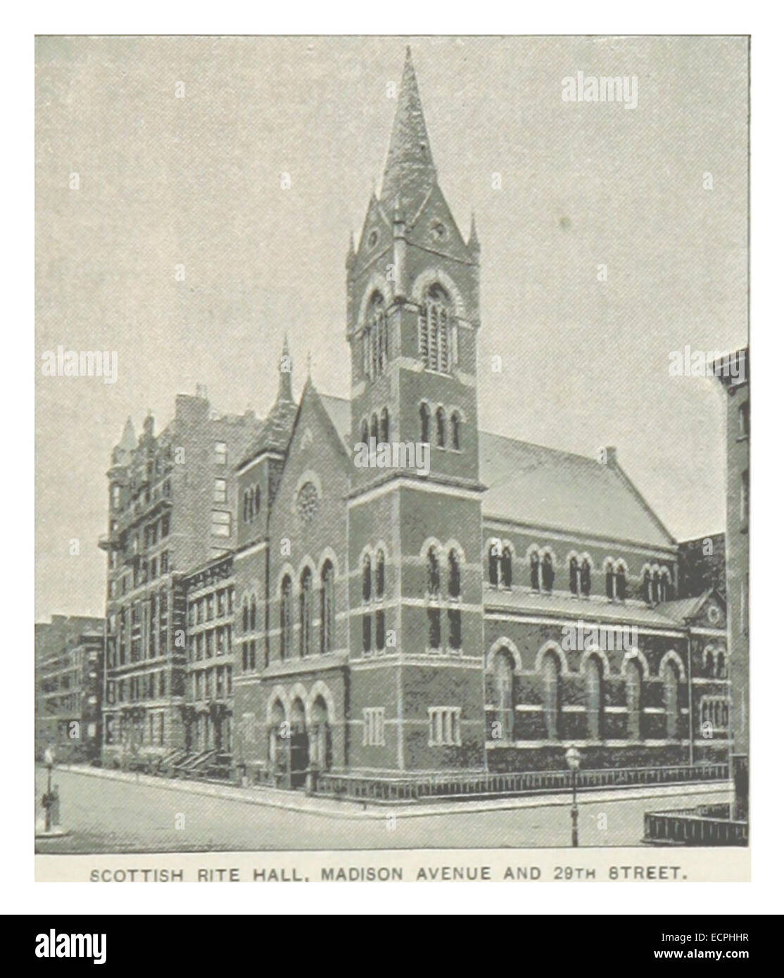 Cette illustration de 1893 par King représente le Scottish Rite Hall, situé à Madison Avenue et 29th Street à New York, soulignant sa conception architecturale et son importance pour la franc-maçonnerie. Banque D'Images