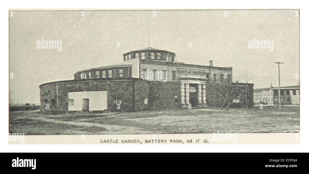 Une représentation historique de Castle Garden à Battery Park, New York, montrant son rôle de centre d'accueil pour les immigrants au XIXe siècle. Le bâtiment a servi de porte d'entrée importante pour les nouveaux arrivants aux États-Unis. Banque D'Images