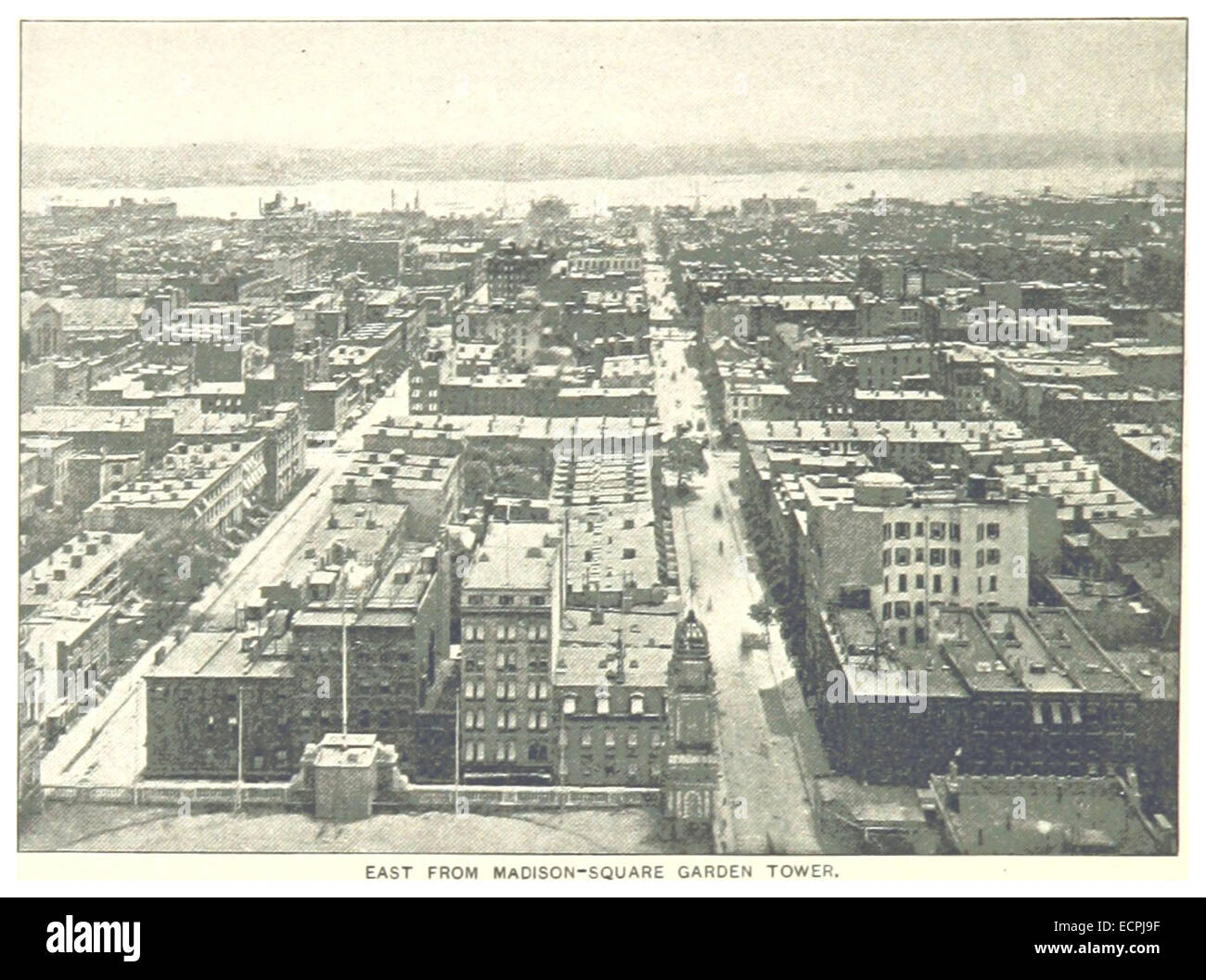 Une illustration de 1893 montrant la vue depuis Madison Square Garden Tower, orientée vers l'est, capturant l'horizon de New York et ses monuments architecturaux à l'époque. Banque D'Images