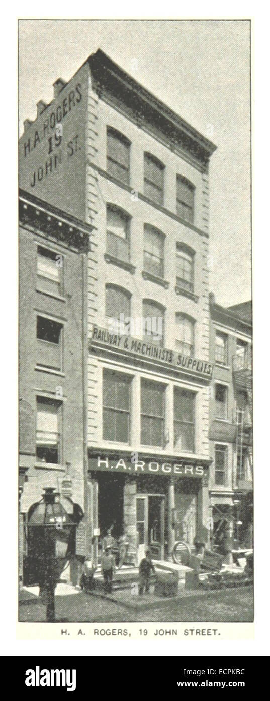 Cette illustration de 1893 de King représente le bâtiment H.A. Rogers au 19 John Street à New York. Il met en valeur les caractéristiques architecturales de ce bâtiment commercial à la fin du XIXe siècle. Banque D'Images
