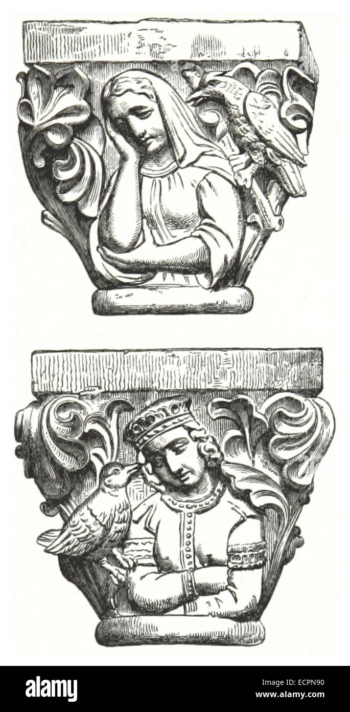 Une représentation de 181 de la capitale Eisenach et des détails architecturaux du château de Wartburg, en se concentrant spécifiquement sur les capitales, les sommets sculptés des colonnes. Ces caractéristiques architecturales reflètent le patrimoine médiéval du château. Banque D'Images