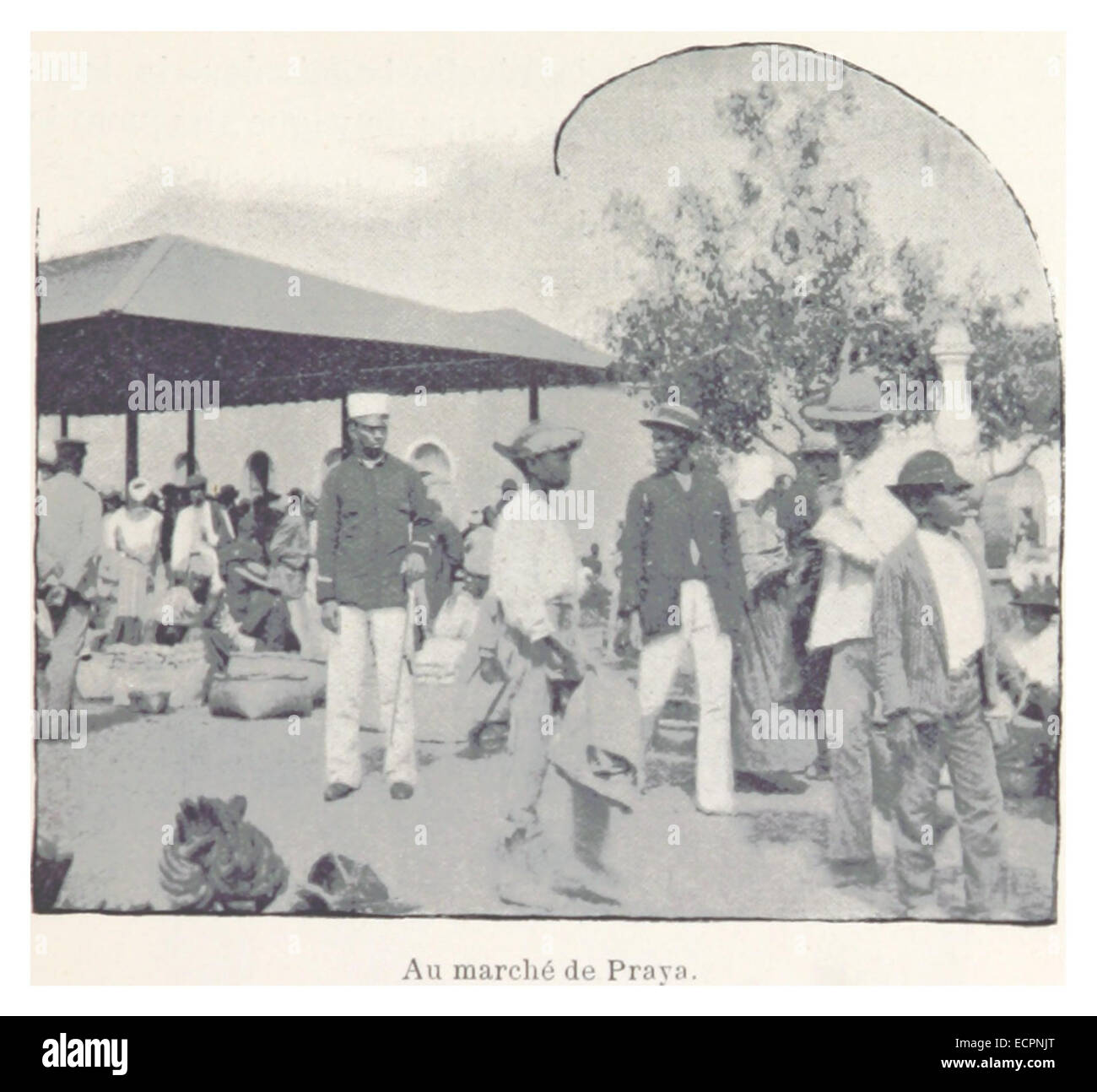 Une illustration vintage montrant le marché de Praya, reflétant le commerce local et l'architecture de la région. La scène capture l'atmosphère animée du marché. Banque D'Images