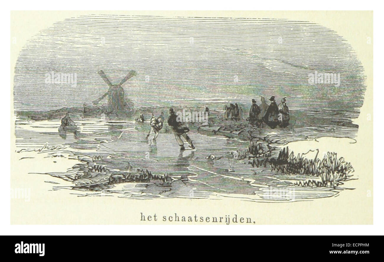 Une illustration de 1855 montrant le patinage sur glace (schaatsenrijden) en Frise, une région des pays-Bas. L'œuvre met en valeur les sports d'hiver populaires et la tradition culturelle dans la région. Banque D'Images