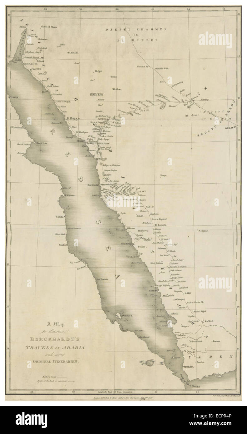 Cette carte de 1814 illustre les voyages de Burckhardt en Arabie, fournissant un aperçu géographique de la région au cours de ses explorations. Banque D'Images