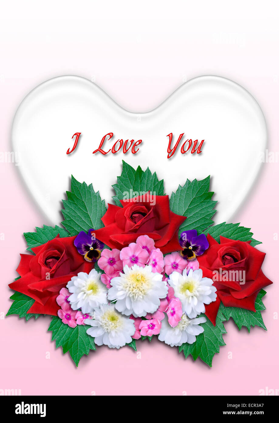 Bouquet de fleurs avec un cœur blanc sur un fond rose dégradé Photo Stock -  Alamy
