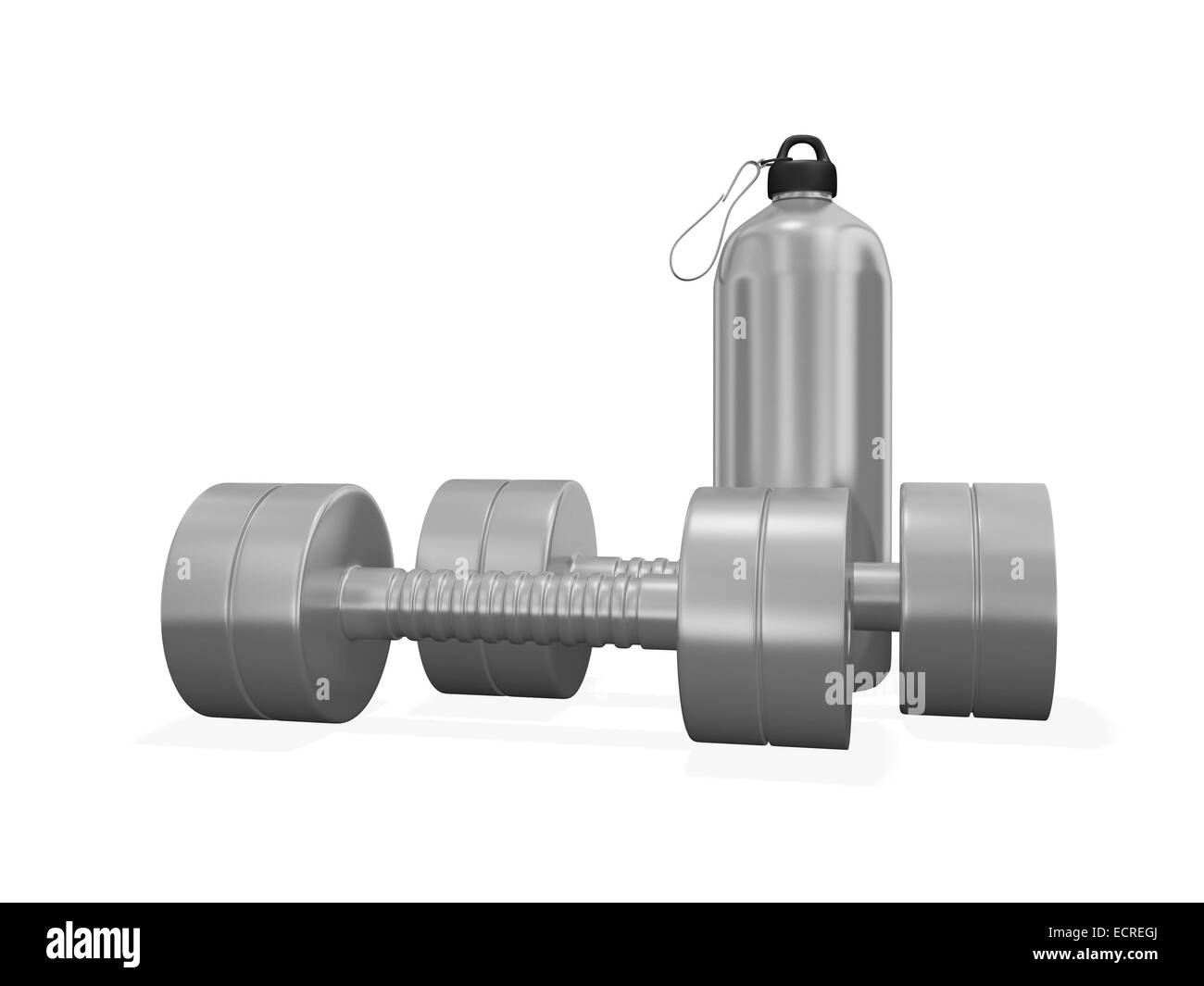 3D Cette illustration montre une bouteille de sport en acier avec une paire d'haltères en chrome de l'exercice. Il va trouver une utilisation dans la santé et mettre en place Banque D'Images
