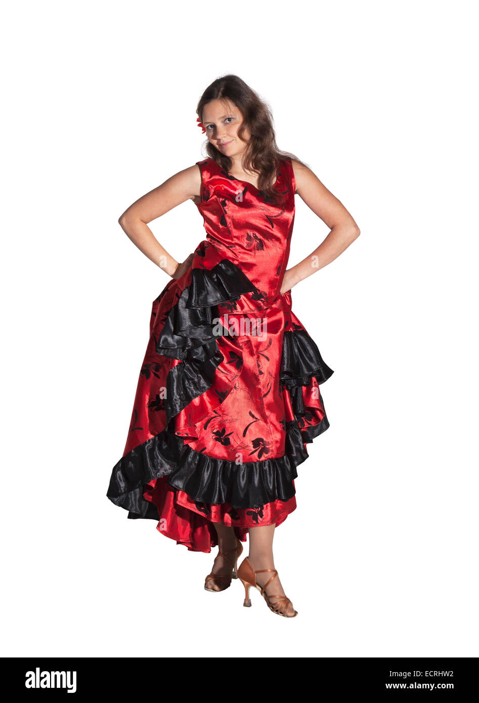 Jeune femme à danser le flamenco, studio shot, fond blanc Banque D'Images