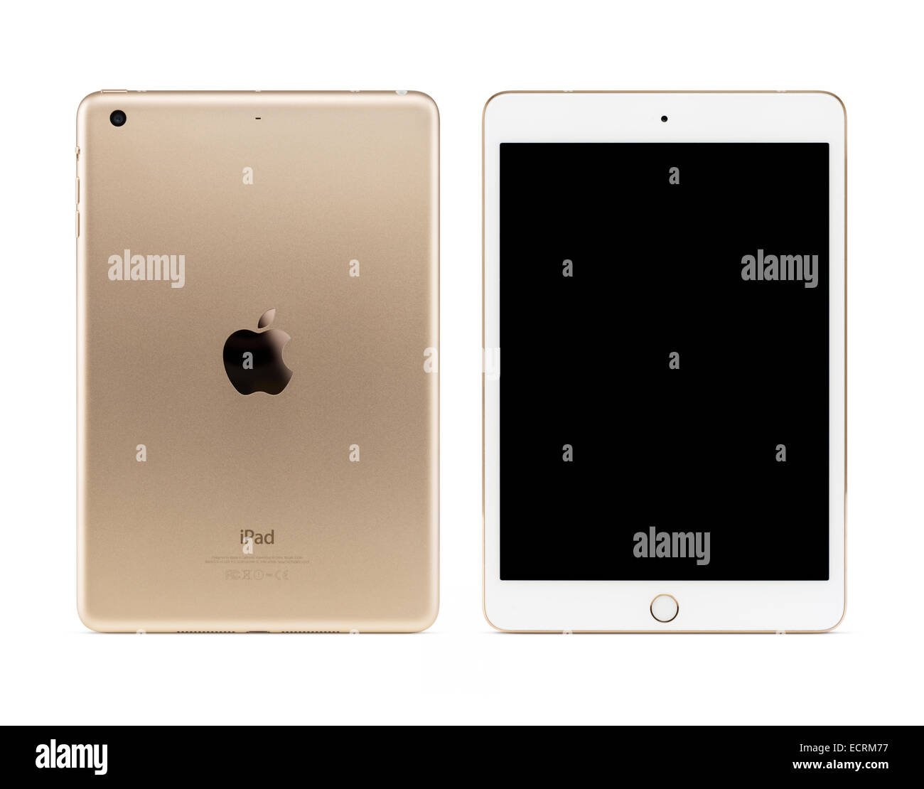 Or Apple iPad Mini tablette 3 Ordinateur avec écran noir, vues avant et arrière isolé avec chemin de détourage sur fond blanc. Banque D'Images