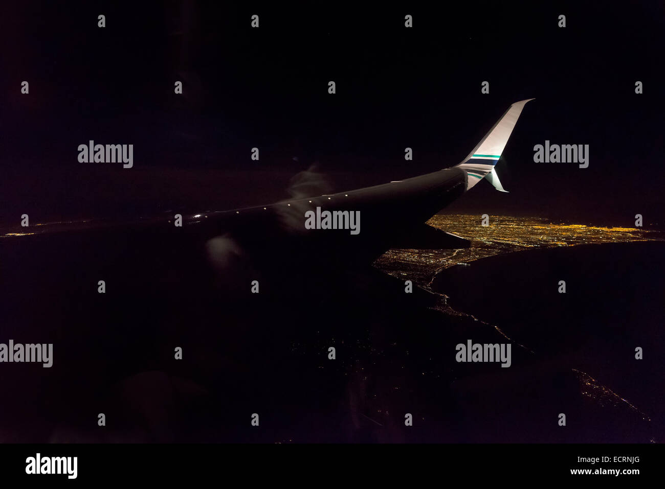 Vue aérienne de Los Angeles, la nuit, d'un jet. Banque D'Images