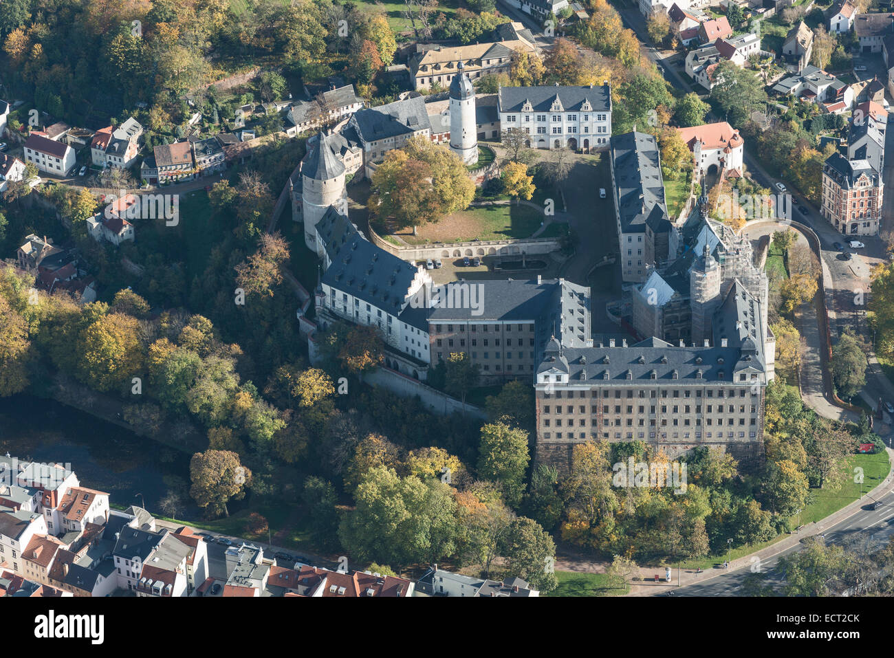 Vue aérienne, château Schloss Altenburg, accueil à la carte à jouer Musée et centre culturel, au cours de travaux de rénovation en 2014 Banque D'Images