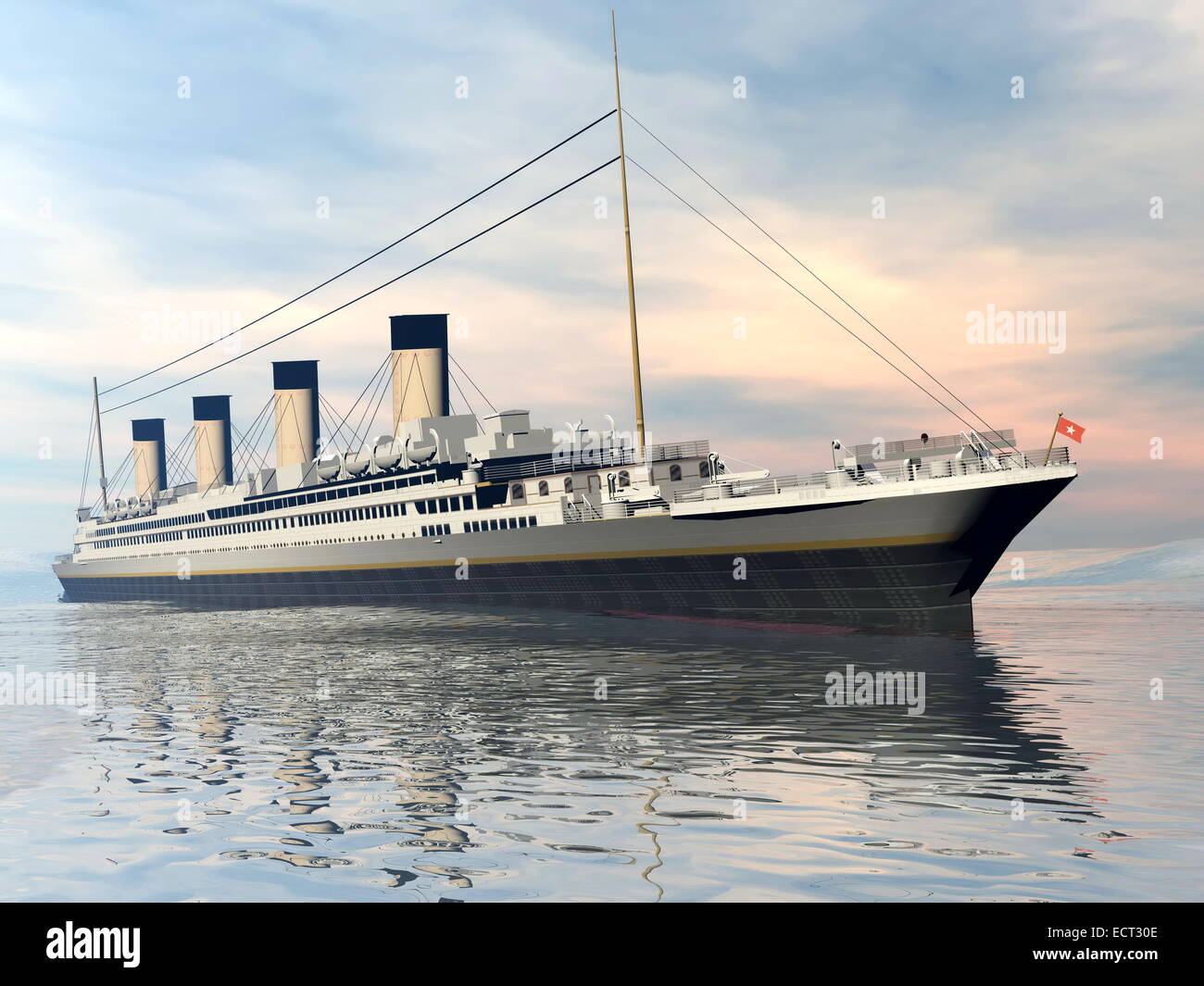 Célèbre navire Titanic flottant sur l'eau par le coucher du soleil Banque D'Images
