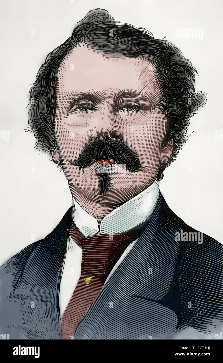 Thomas Mayne Reid (1818-1883). Scots-Irish romancier américain. Gravure de Rico. La Ilustracion Espanola y Americana, 1883. De couleur. Banque D'Images