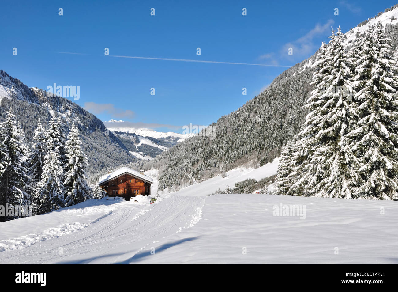 Chalet niché au creux des montagnes enneigées du bois Banque D'Images