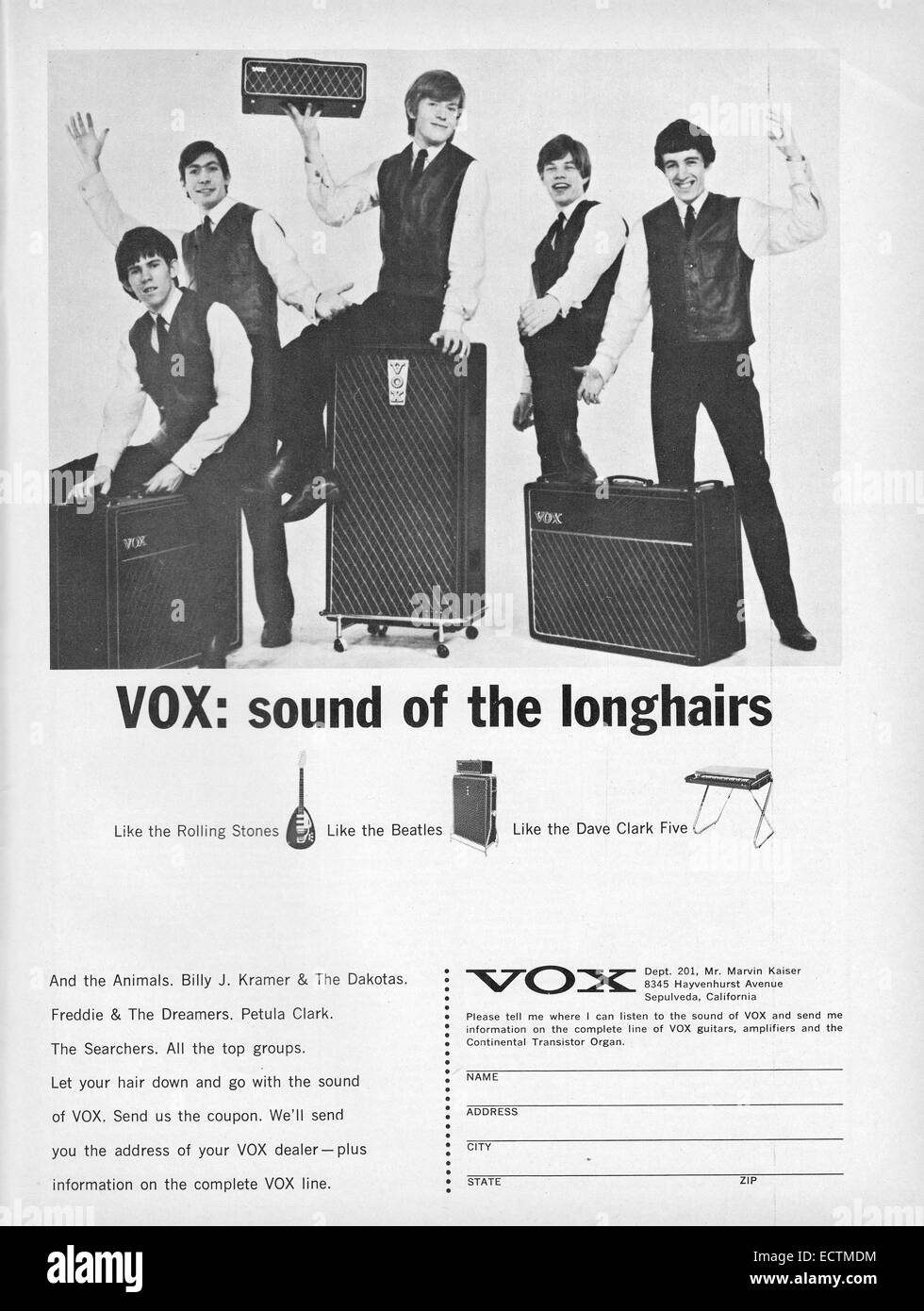 Un scan d'une publicité pour les amplificateurs Vox présentant les Rolling  Stones.D'un numéro de 1965 d'un magazine de musique Photo Stock - Alamy