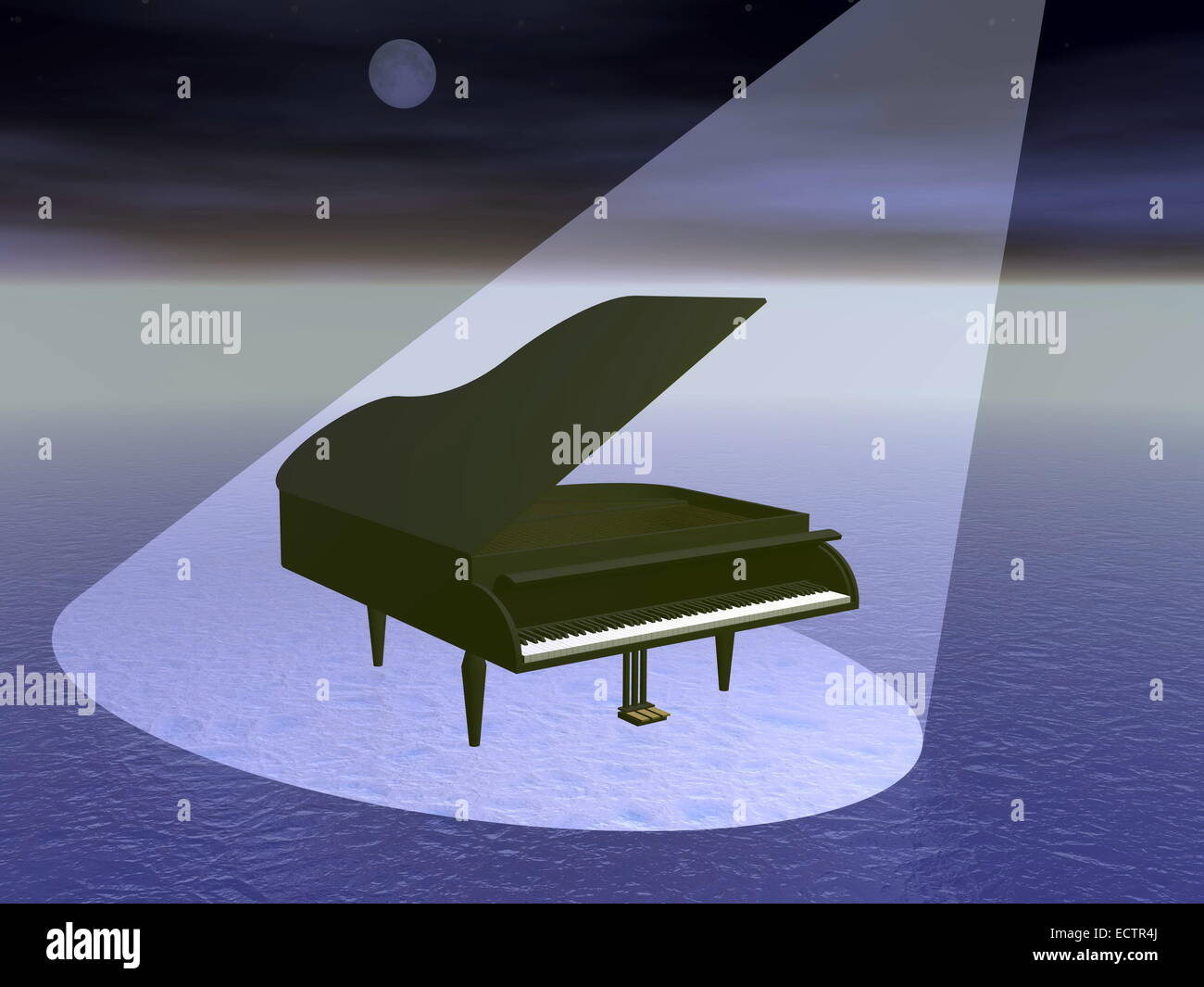 Piano à queue noir sous spot light par nuit de pleine lune Banque D'Images