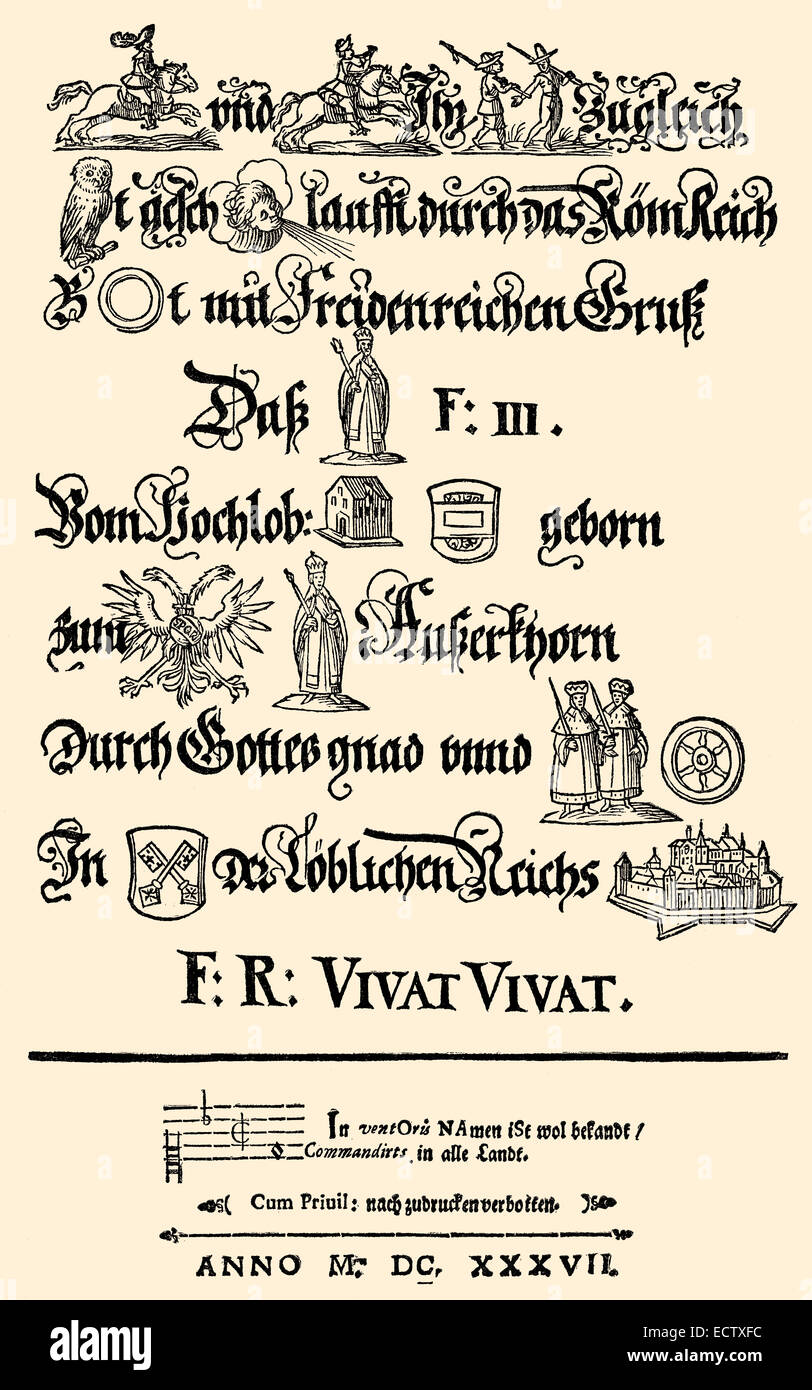 Notice comme un rébus, 1637, le couronnement de Ferdinand III, 1608 - 1657, Saint Empereur Romain, Flugblatt Rebus als zur Krönung von Banque D'Images