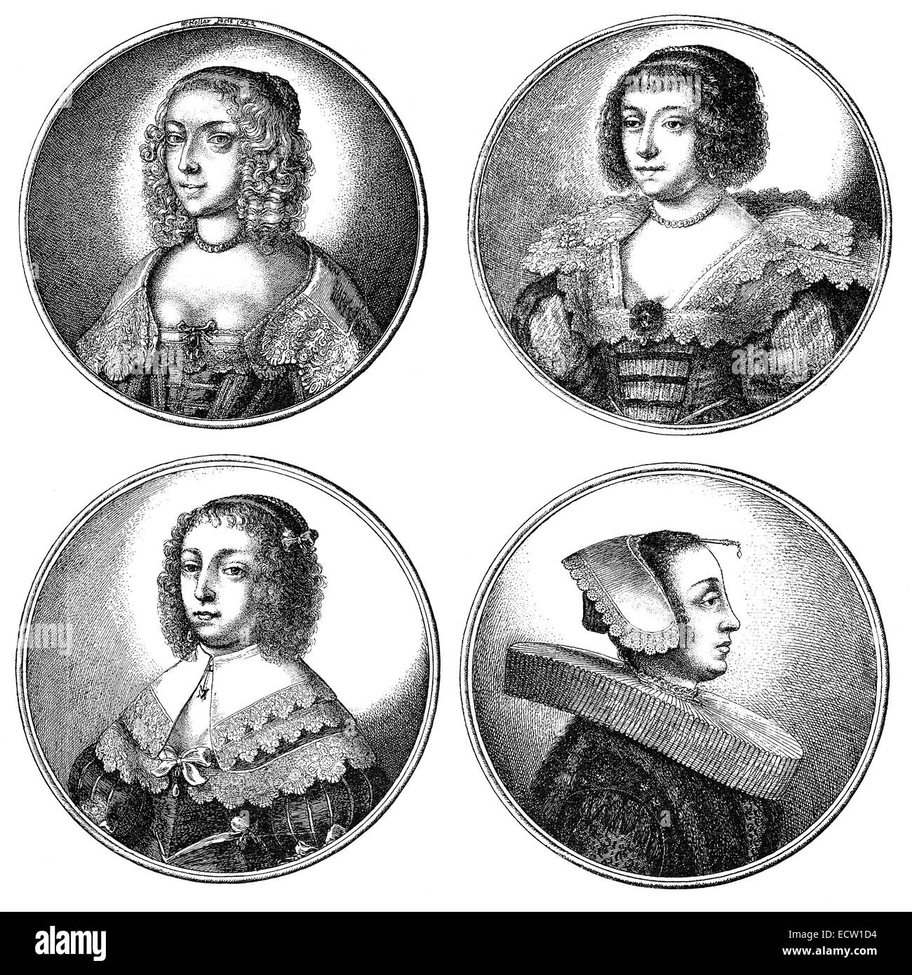 La mode traditionnelle au 17e siècle, les coiffures et chapeaux, Europe, Mode im 17. Jahrhundert, Frisuren und Kopfbekleidungen Banque D'Images