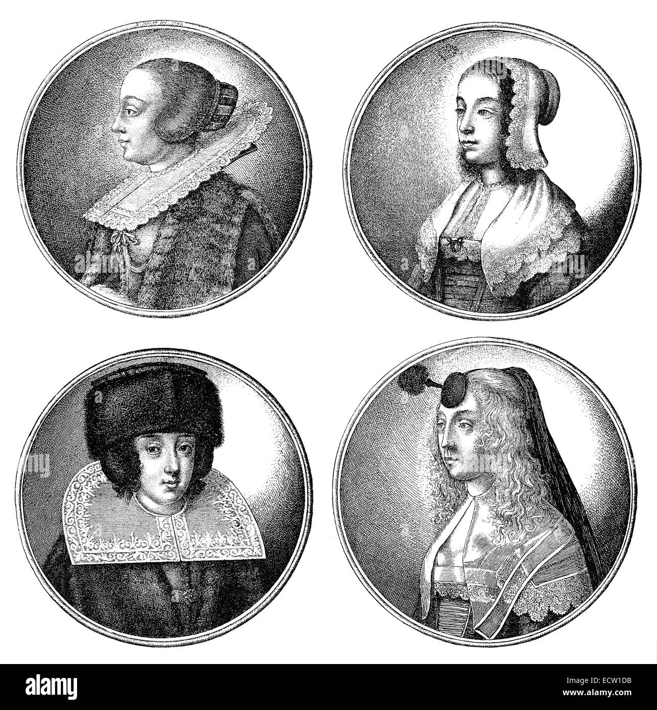 La mode traditionnelle au 17e siècle, les coiffures et chapeaux, Europe, Mode im 17. Jahrhundert, Frisuren und Kopfbekleidungen Banque D'Images