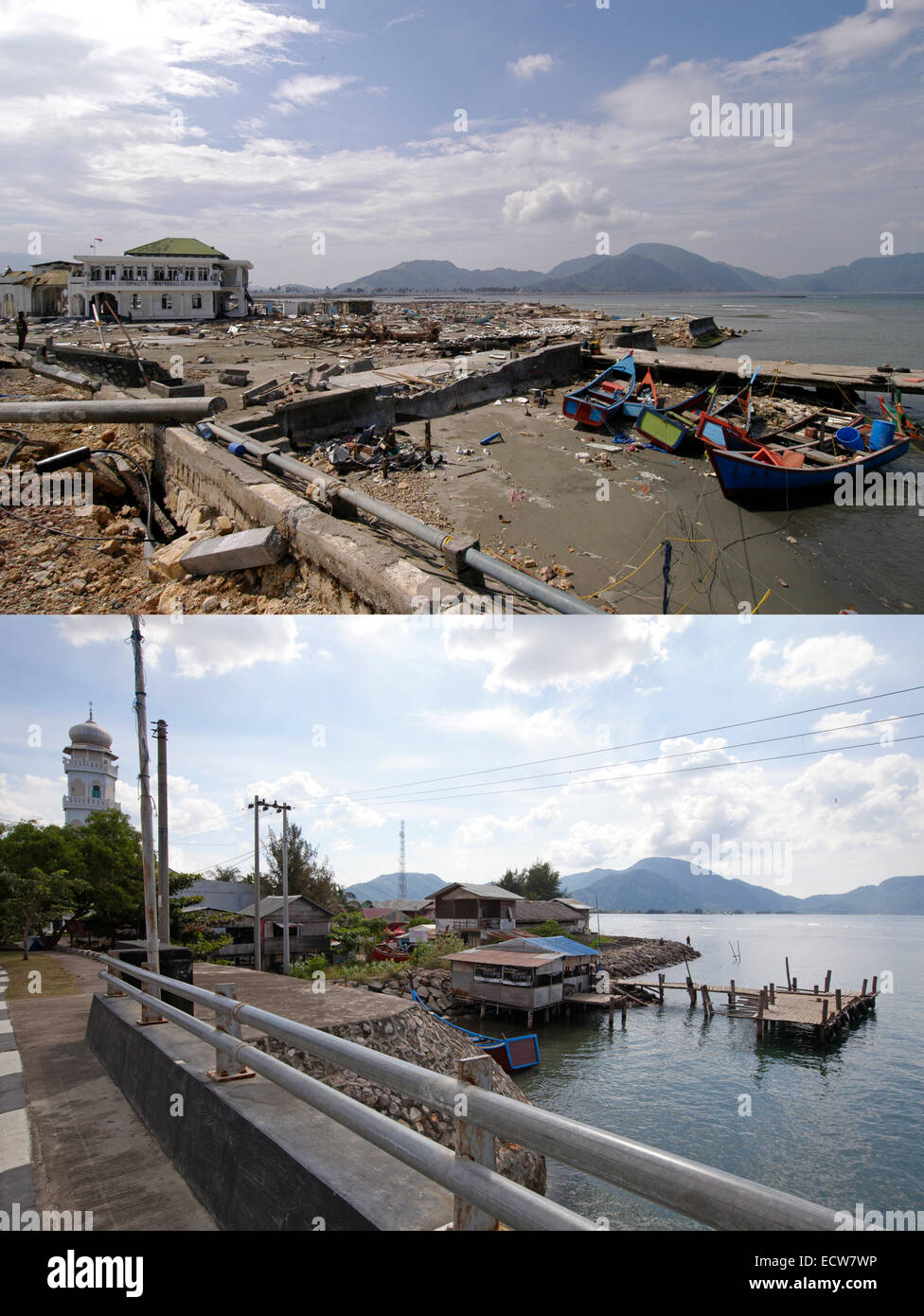 Dans cette image composite une comparaison a été faite entre une scène en 2005 (en haut) et 2014 (EN BAS) ***TOP IMAGE*** Ulee Lheue, ACEH, Indonésie - 4 janvier : La Mosquée Baiturrahm et du front de mer après le tsunami de Ulee Lheue, Aceh, Indonésie - 150 kilomètres de sud de l'Asie de l'épicentre du tremblement de terre le mardi 4 janvier 2005. Banda Aceh, Indonésie. ***IMAGE DU BAS*** BANDA ACEH, Indonésie - 13 Décembre : La Mosquée Baiturrahm reconstruit et du front de mer dans la région de Aceh, Ulee Lheue, l'Indonésie avant le dixième anniversaire de la 2004 séisme et le tsunami du 13 décembre 2014 dans Ulee Banque D'Images