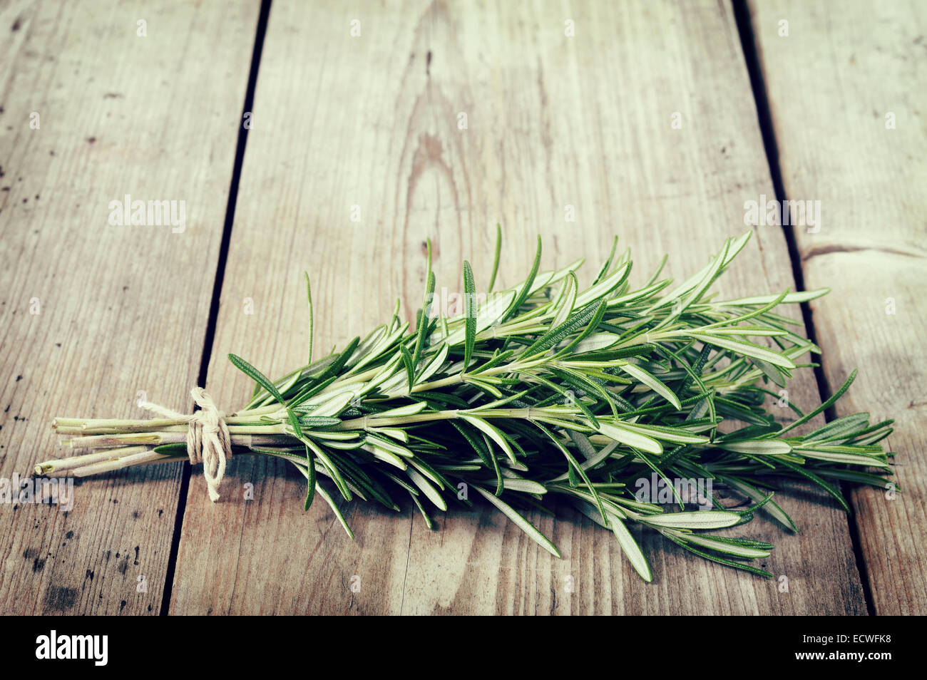 Bouquet de romarin frais sur les tables en bois. Evergreen aromatique, beaucoup de plantes médicinales et culinaires. Banque D'Images