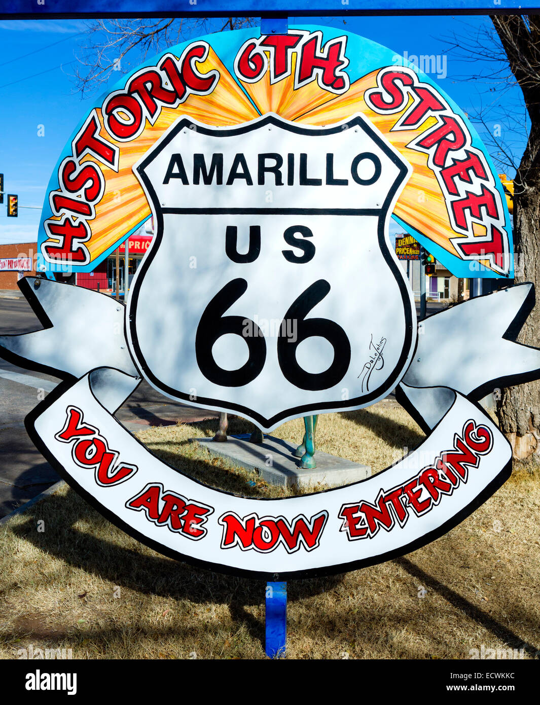 Panneau à l'entrée de l'historique quartier de la 6ème rue sur la vieille Route 66, Amarillo, Texas, USA Banque D'Images