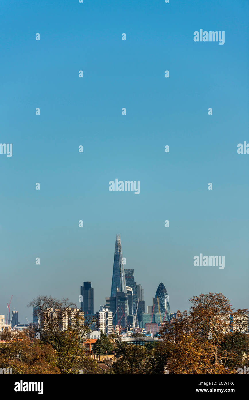 Vue sur Parc Brockwell, Herne Hill au sud de Londres et du quartier financier de la ville de Londres, y compris le tesson Banque D'Images