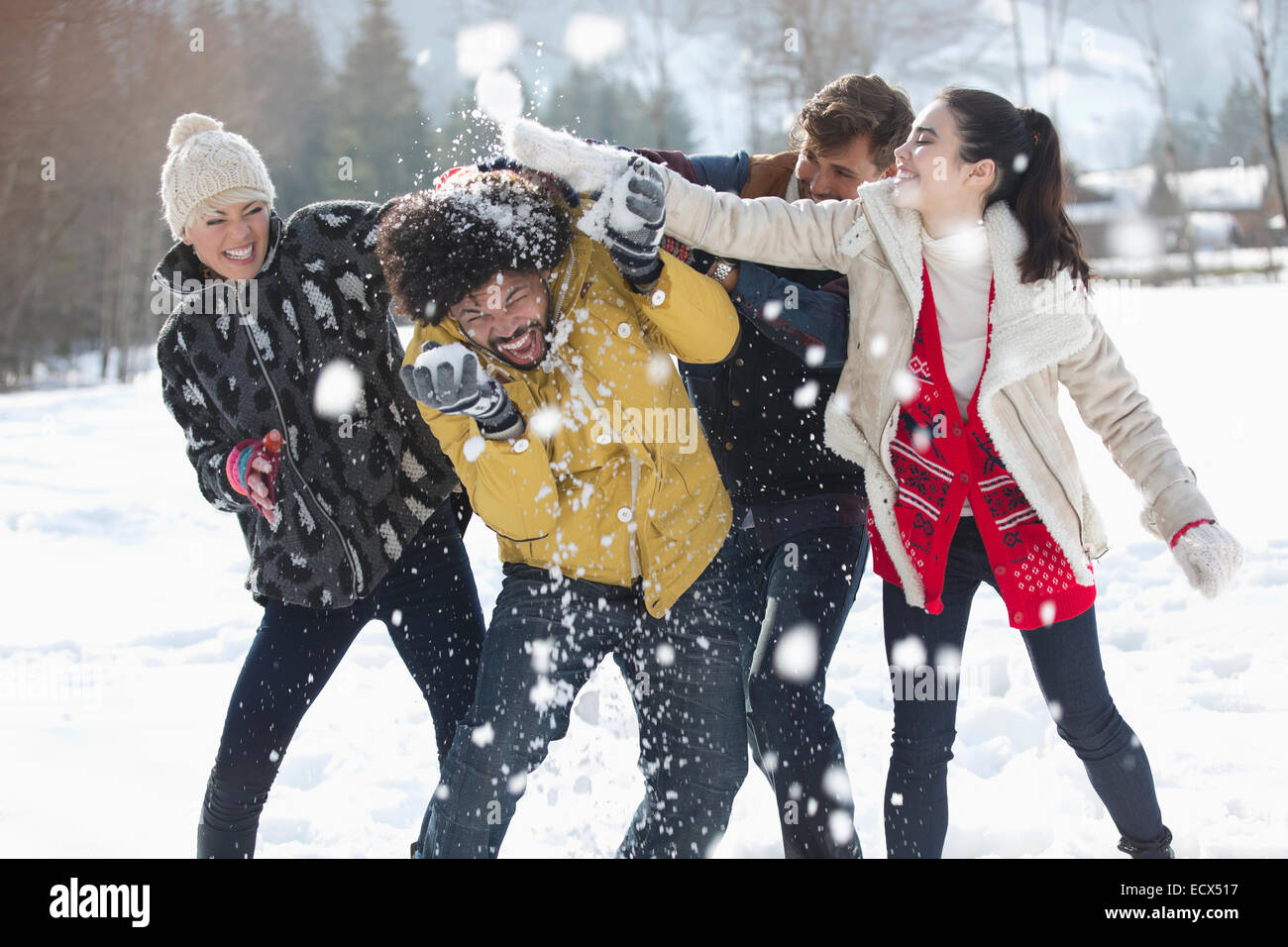 Friends enjoying snowball fight Banque D'Images