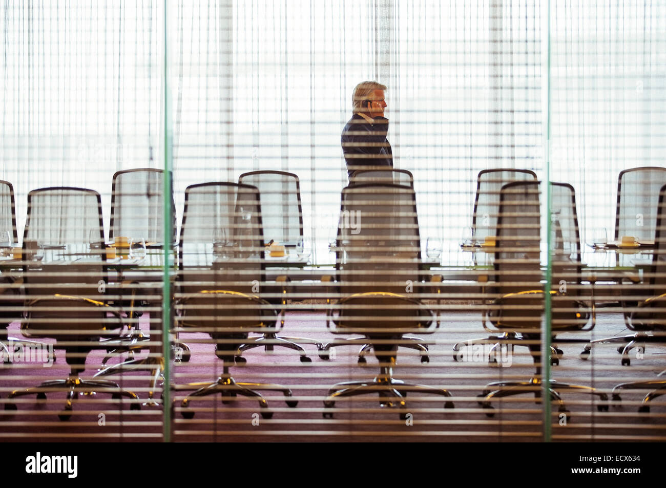 Businessman standing et à l'aide de téléphone mobile dans la salle de conférence Banque D'Images