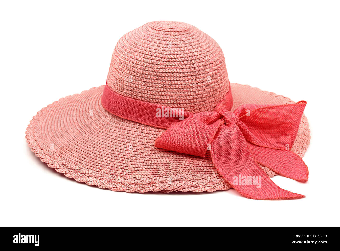 Chapeau de paille rose avec bow isolated on white Banque D'Images