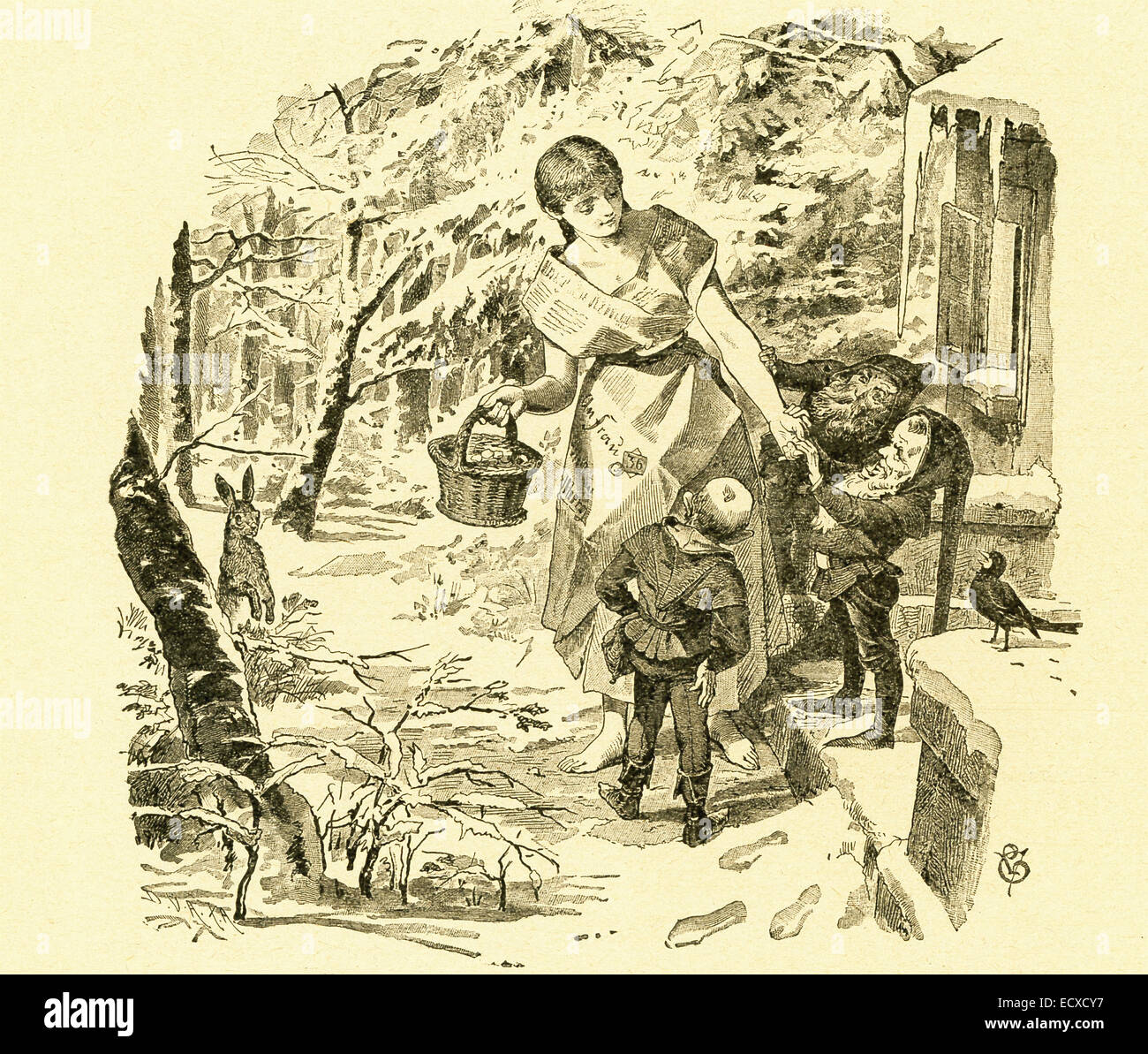 En 1812, les frères Grimm, Jacob et Wilhelm, publié contes pour enfants, une collection contes allemands. Cette illustration accompagnée le conte 'Les trois petits hommes de la forêt" (également trois nains) et montre les trois petits hommes avec la belle-fille, que les méchants reine avait habillé de papier et dit d'aller cueillir des fraises. Elle se lie et est bon pour les hommes qui, à son tour, l'aider à se marier avec un roi. Cette image est de Grimms Eventyr (Grimm's Fairy Tales) par Carl Ewald, publié en 1922. Le frontispice a l'illustrations de Philip Grot Johann et R. Leinweber. Banque D'Images