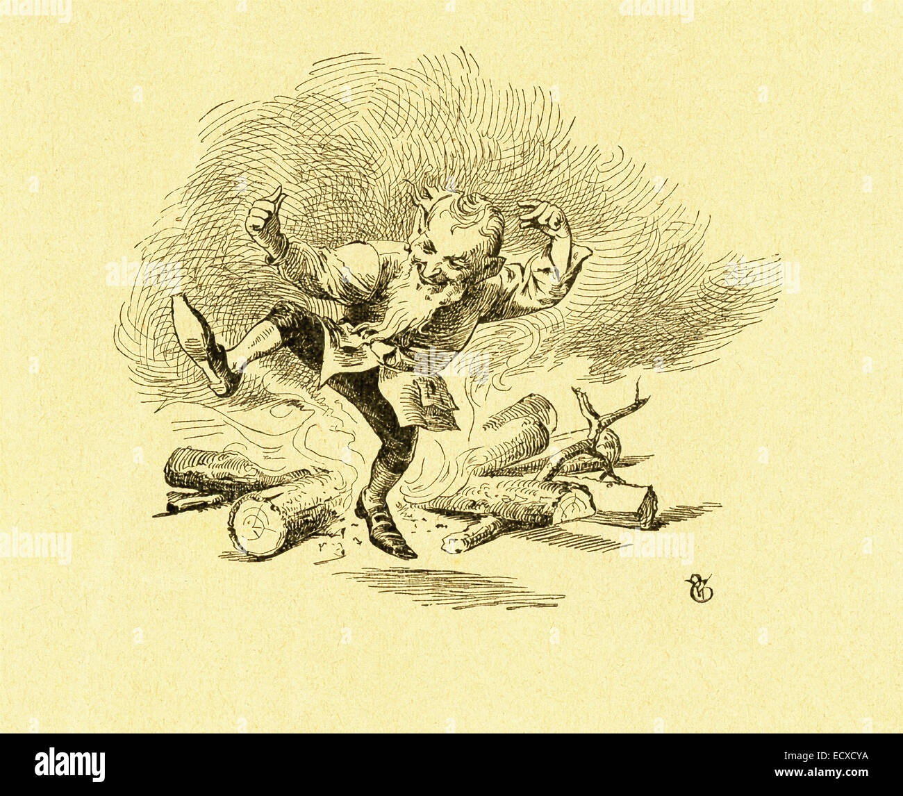 En 1812, les frères Grimm, Jacob et Wilhelm, publié contes pour enfants, une collection contes allemands. Cette illustration accompagnée le conte 'Les Lutins et le cordonnier" et montre l'un des petits elfes danser sur un incendie dans la nuit lorsque ses compagnons et lui venir et de chaussures pour le cordonnier qui est indigent, mais toujours prêt à aider les gens. Cette image est de Grimms Eventyr (Grimm's Fairy Tales) par Carl Ewald, publié en 1922. Le frontispice a l'illustrations de Philip Grot Johann et R. Leinweber. Banque D'Images