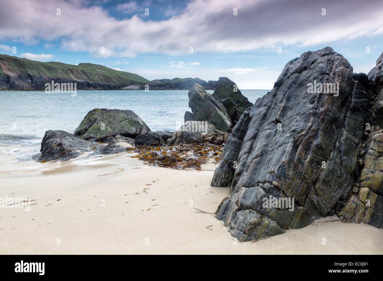 Mangersta Beach un jour de printemps sur l'île de Lewis et Harris, Hébrides extérieures, en Écosse Banque D'Images