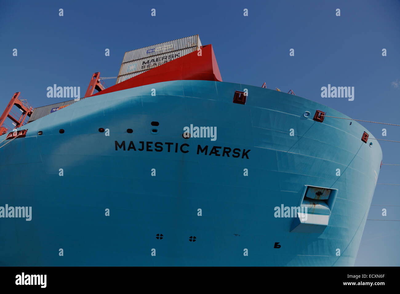 Arc du Maersk Line's triple-E navire Maersk majestueux à Langelinie pier à Copenhague - présentation et visite de donner de nom Banque D'Images