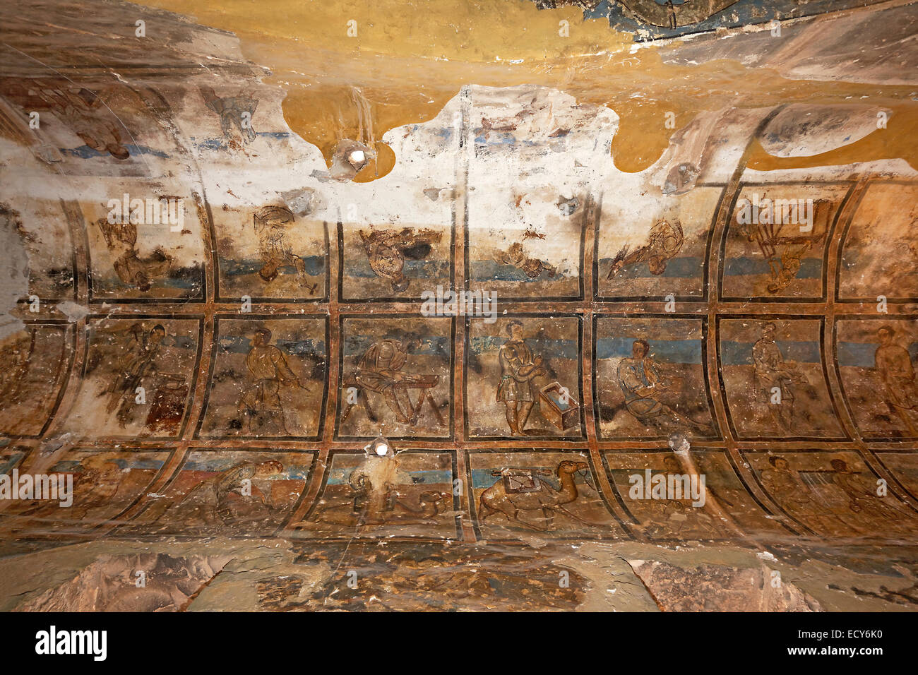 Fresques, peintures murales, bathhouse, désert château Qasr Amra ou Qusaie Moeldia, palais rouge, UNESCO World Heritage Site, Jordanie Banque D'Images