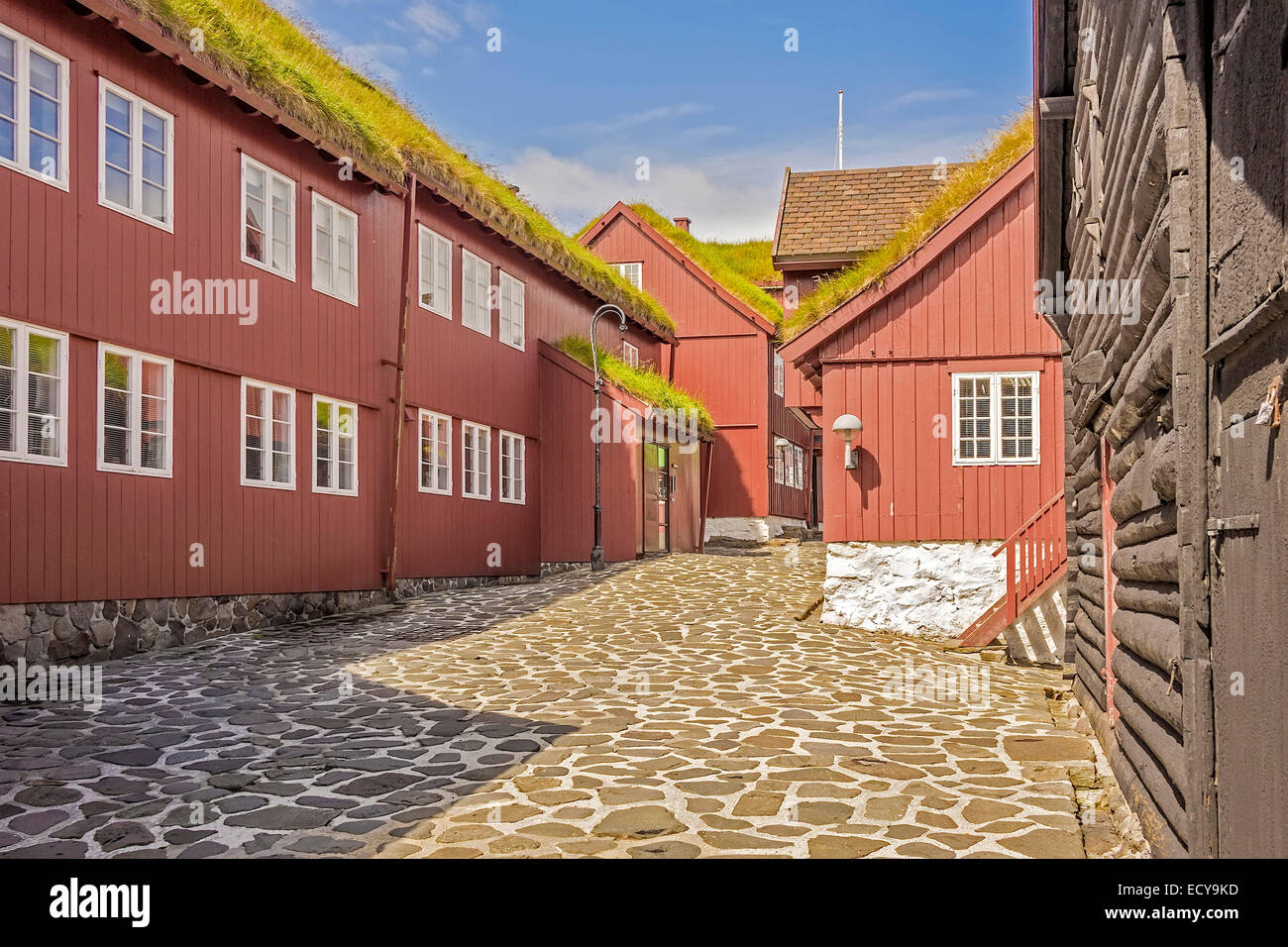 Les bâtiments en bois dans la vieille ville de Torshavn Faroe Islands Banque D'Images