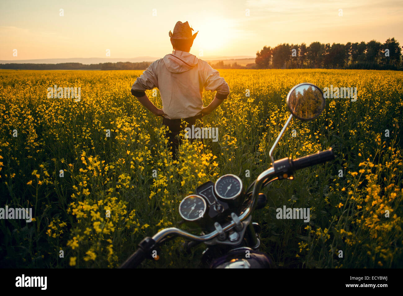 Mari homme debout près de moto en champ de fleurs Banque D'Images