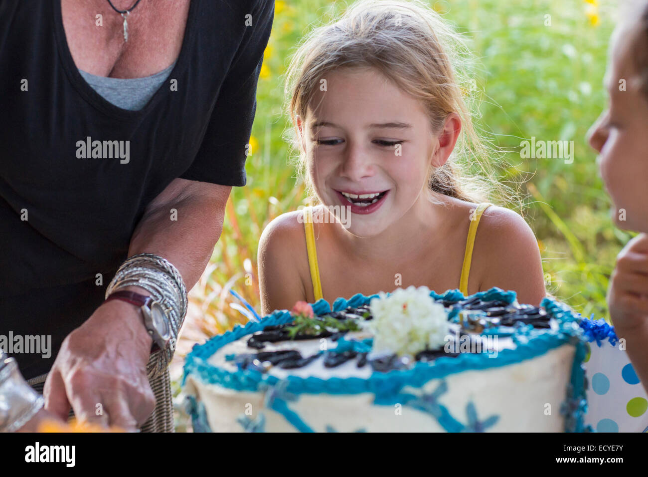 Family celebrating birthday together outdoors Banque D'Images