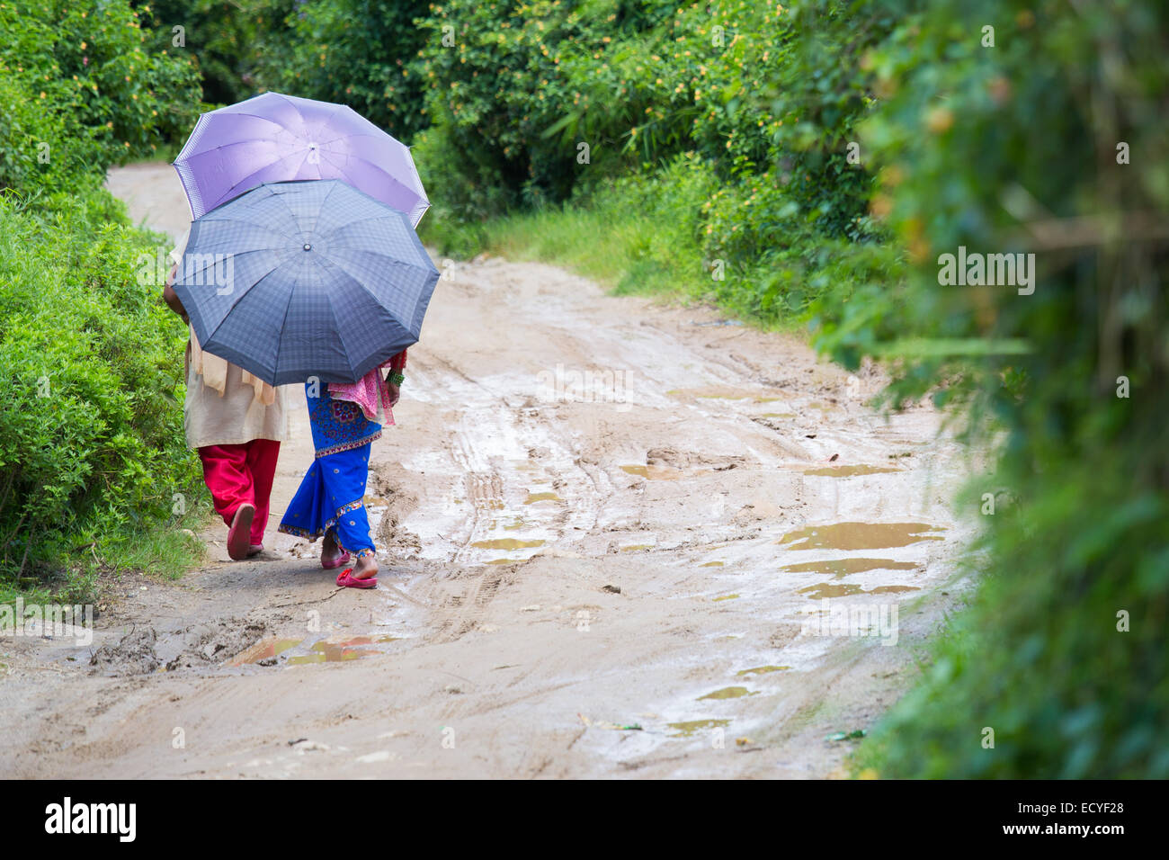 Marcher dans la pluie légère à Katmandou, Népal Banque D'Images