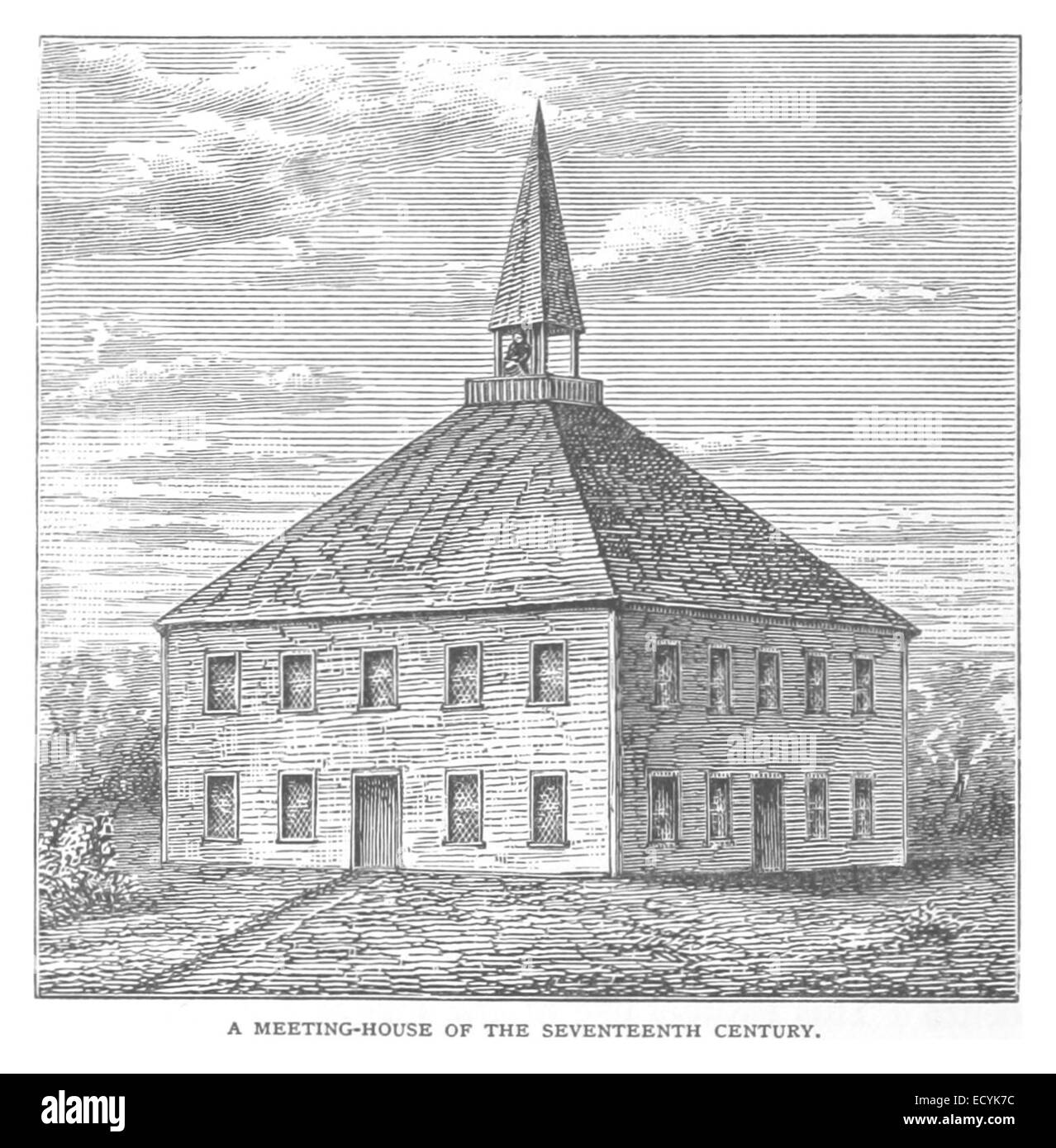 Cette illustration de 1881 par Atwater représente une maison de réunion du XVIIe siècle, soulignant son style architectural et son importance dans la société américaine primitive. Banque D'Images