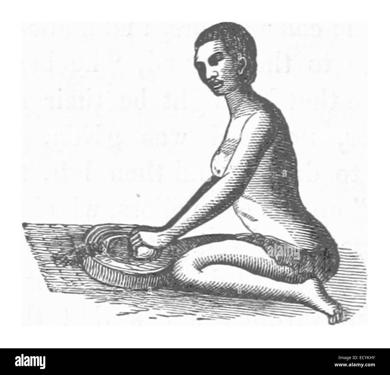 Cette illustration représente une jeune femme broyant du maïs, mettant en évidence une pratique agricole traditionnelle et offrant un aperçu de la vie rurale historique. Banque D'Images