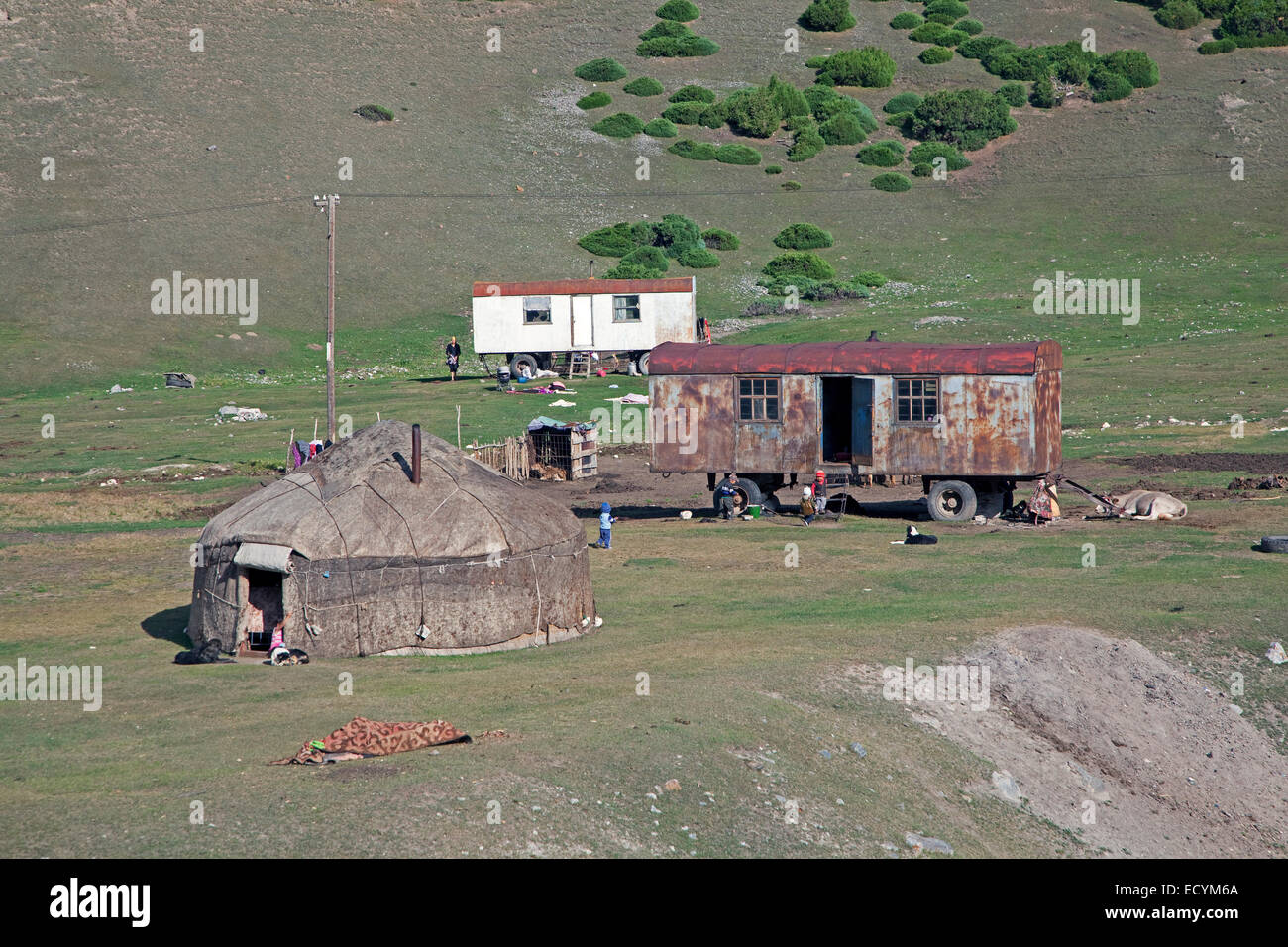 Yourte kirghize nomade d'été temporaire, logement dans la province de SST, le Kirghizistan Banque D'Images