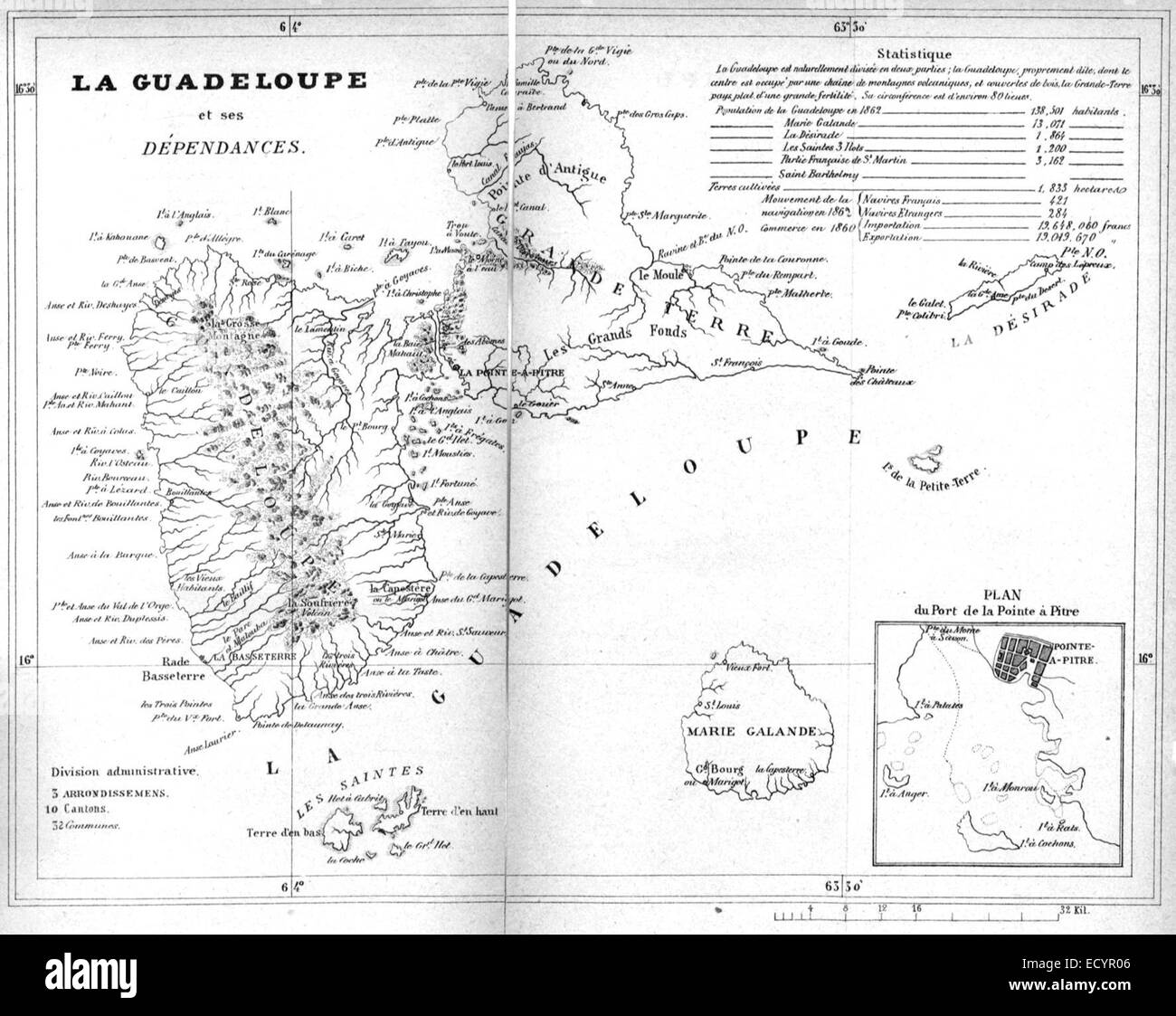Cette carte de 1880 montre la Guadeloupe et ses dépendances, illustrant la géographie des îles françaises des Caraïbes à la fin du XIXe siècle. Banque D'Images