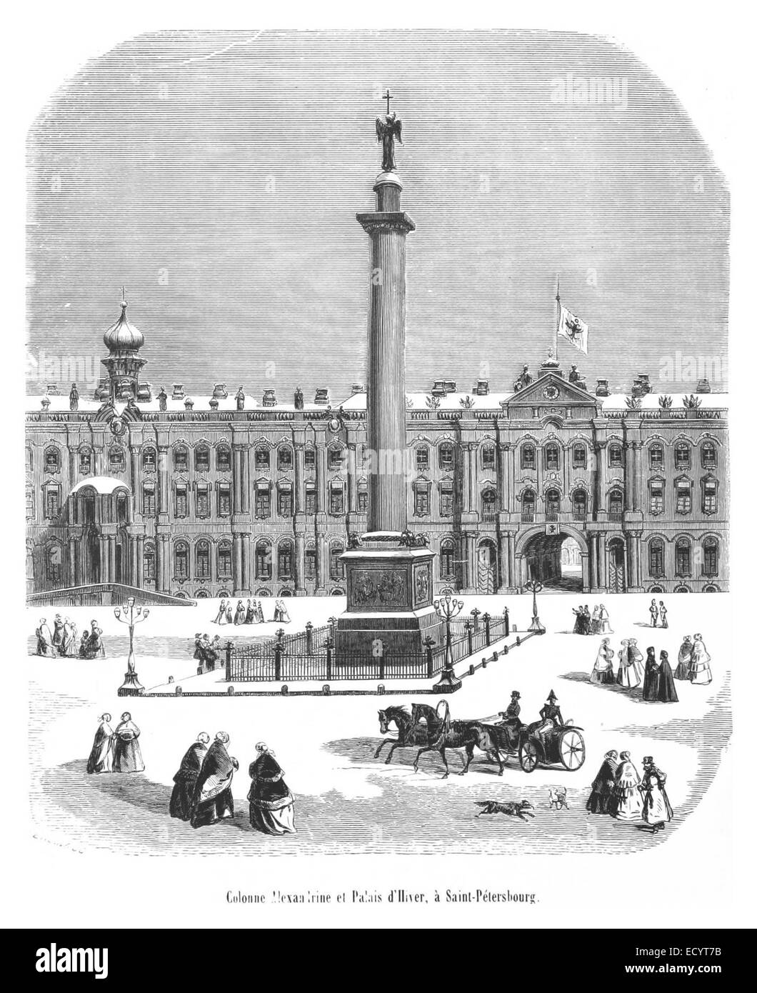 Illustration représentant la colonne Alexandrine et le Palais d'Illiver à Saint-Pétersbourg, Russie. L'image capture la grandeur architecturale et l'importance historique de ces monuments au XIXe siècle. Banque D'Images