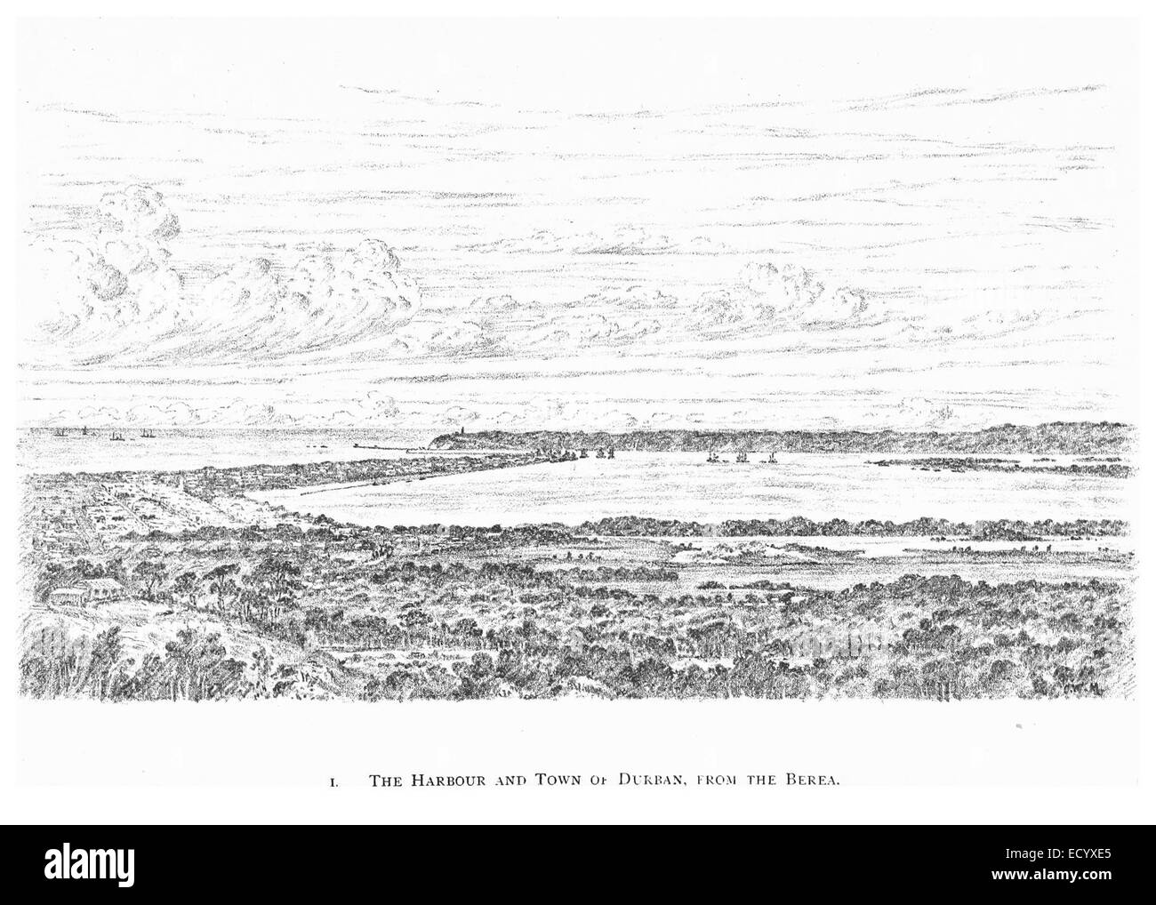 Une illustration de 1891 du port et de la ville de Durban, en Afrique du Sud, vue depuis Berea, offrant une perspective historique du paysage de la ville à la fin du XIXe siècle. Banque D'Images