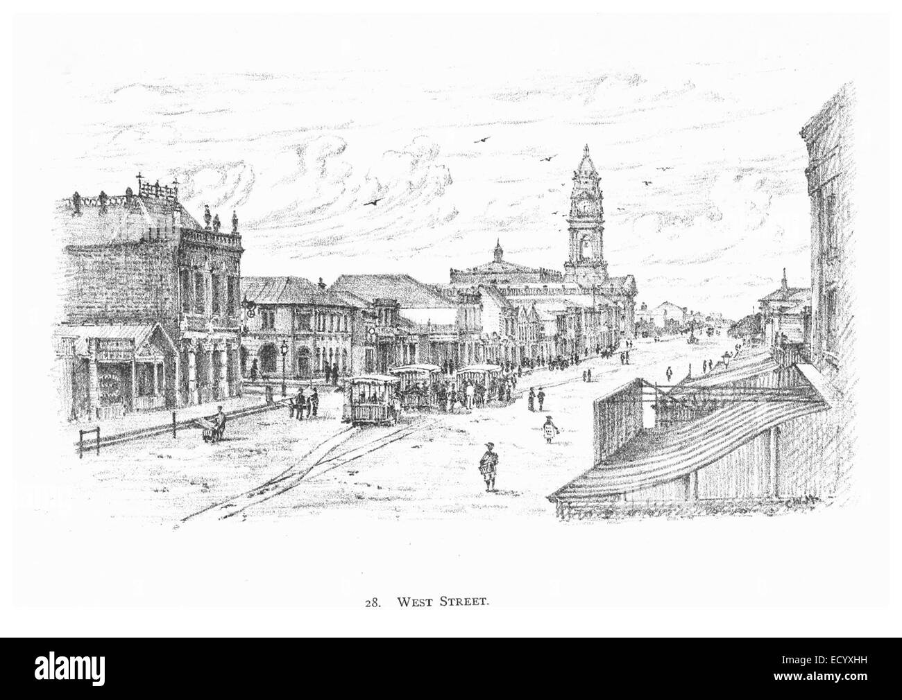 Cette illustration de 1891 représente le 121 West Street à Durban, capturant les caractéristiques architecturales et l'environnement urbain de cette ville sud-africaine à la fin du XIXe siècle. Banque D'Images