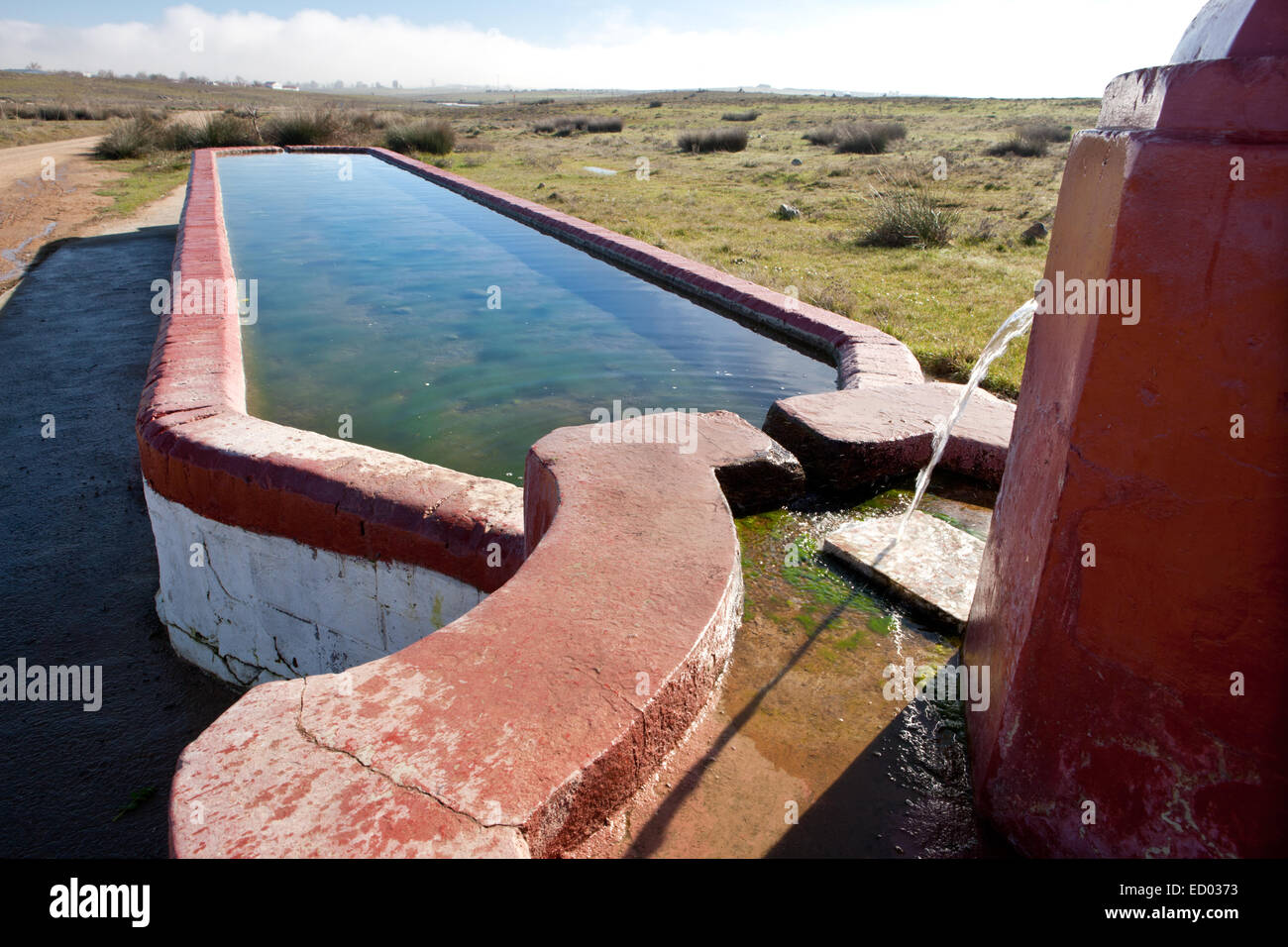 Fontaine bassin rural et avec des conteneurs pour des fins d'élevage en agriculture, Espagne Banque D'Images