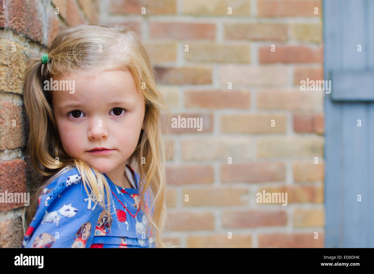 Portrait of Girl leaning against brick wall Banque D'Images