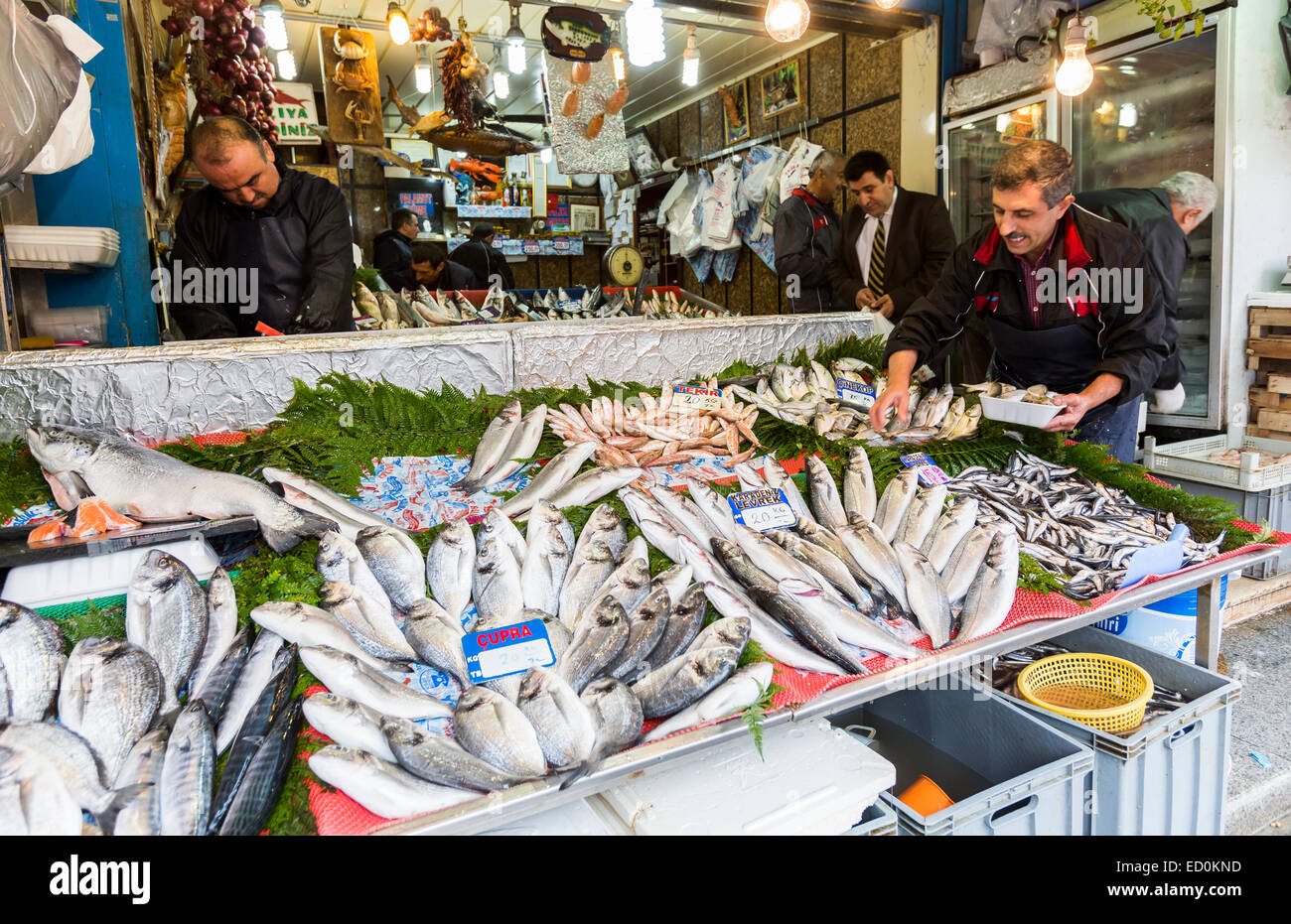 Istanbul, Turquie - 15 novembre 2014 : les vendeurs offrent du poisson Chinchard aux touristes à un marché turc street. Banque D'Images