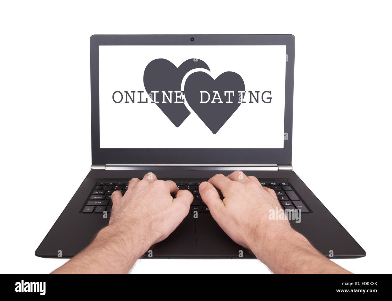 Man working on laptop, online dating, isolé Banque D'Images